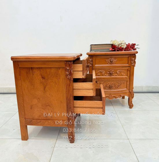 Tủ Táp Đầu Giường Gỗ Hương Đá 3 Ngăn Kéo Tân Cổ Điển