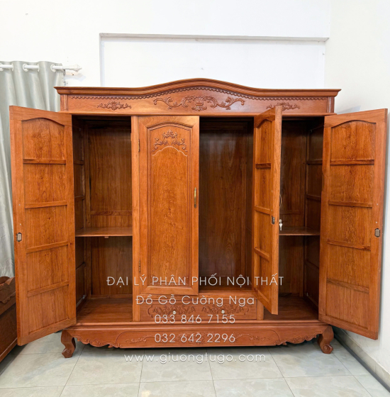 Tủ Quần Áo Gỗ Hương Đá 4 Cánh Tân Cổ Điển Trang Nhã