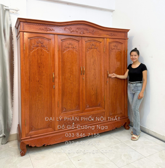 Tủ Quần Áo Gỗ Hương Đá 4 Cánh Tân Cổ Điển Trang Nhã