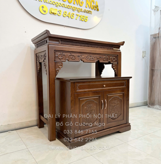 Bàn Thờ Án Gian Gỗ Sồi Mỹ 1m07 - Kèm Tủ Táp Tinh Tế Màu Óc Chó