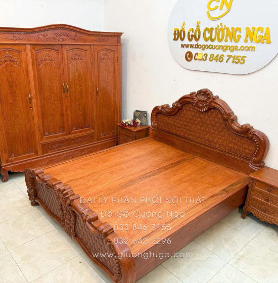 Combo Phòng Ngủ Gỗ Hương Đá 3 Chi Tiết Tân Cổ Điển Cao Cấp