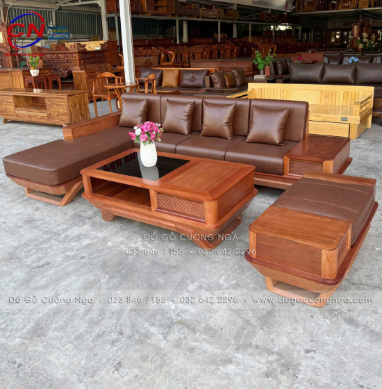 Sofa Gỗ Xoan Đào Chân Thuyền 2m9x1m8 Kèm Nệm Cao Su 