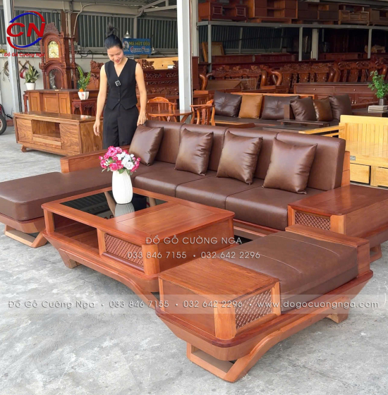 Sofa Gỗ Xoan Đào Chân Thuyền 2m9x1m8 Kèm Nệm Cao Su 