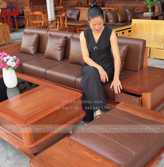 Sofa Gỗ Xoan Đào Chân Thuyền 2m9x1m8 Kèm Nệm Cao Su 