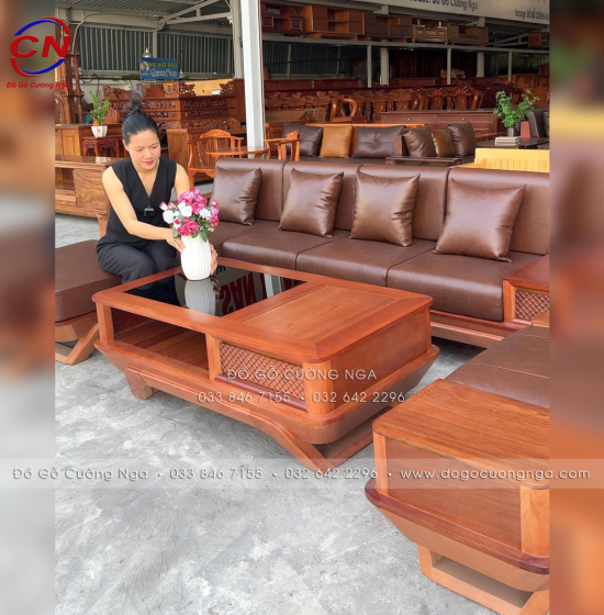 Sofa Gỗ Xoan Đào Chân Thuyền 2m9x1m8 Kèm Nệm Cao Su 