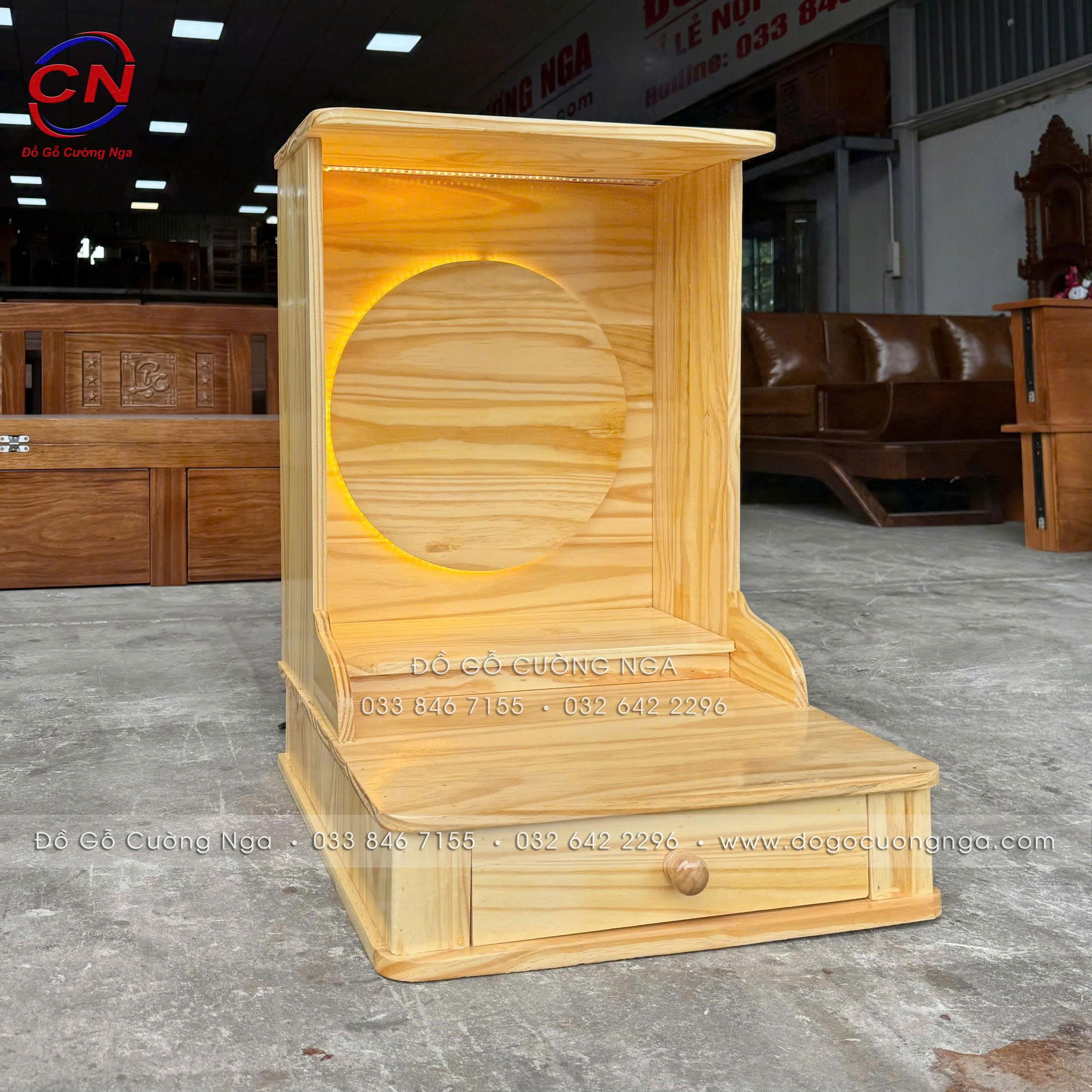 bàn thờ ông tài địa gỗ thông kèm bậc tam cấp