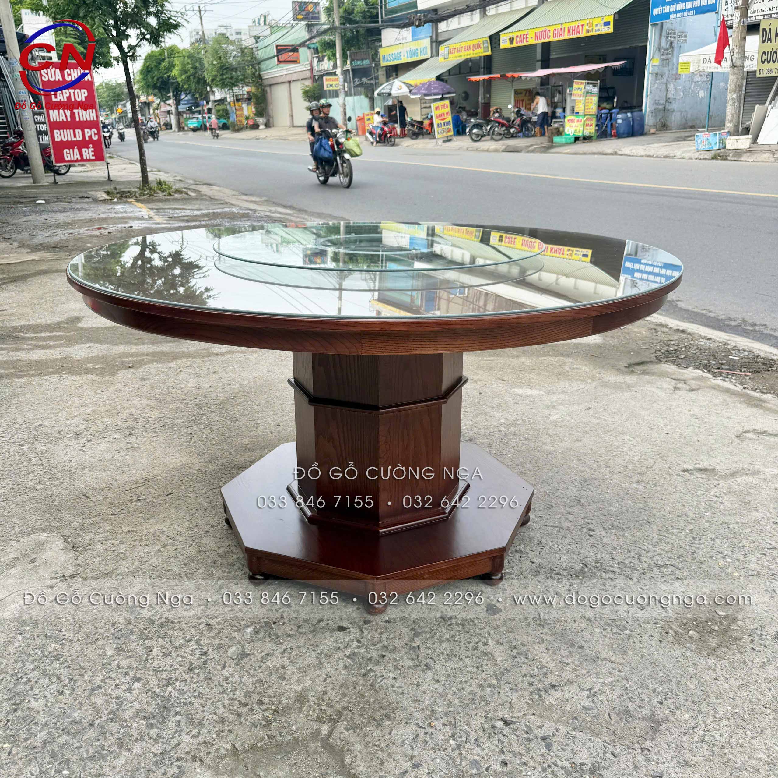 bàn ăn gỗ sồi 1m4 tròn kèm 8 ghế