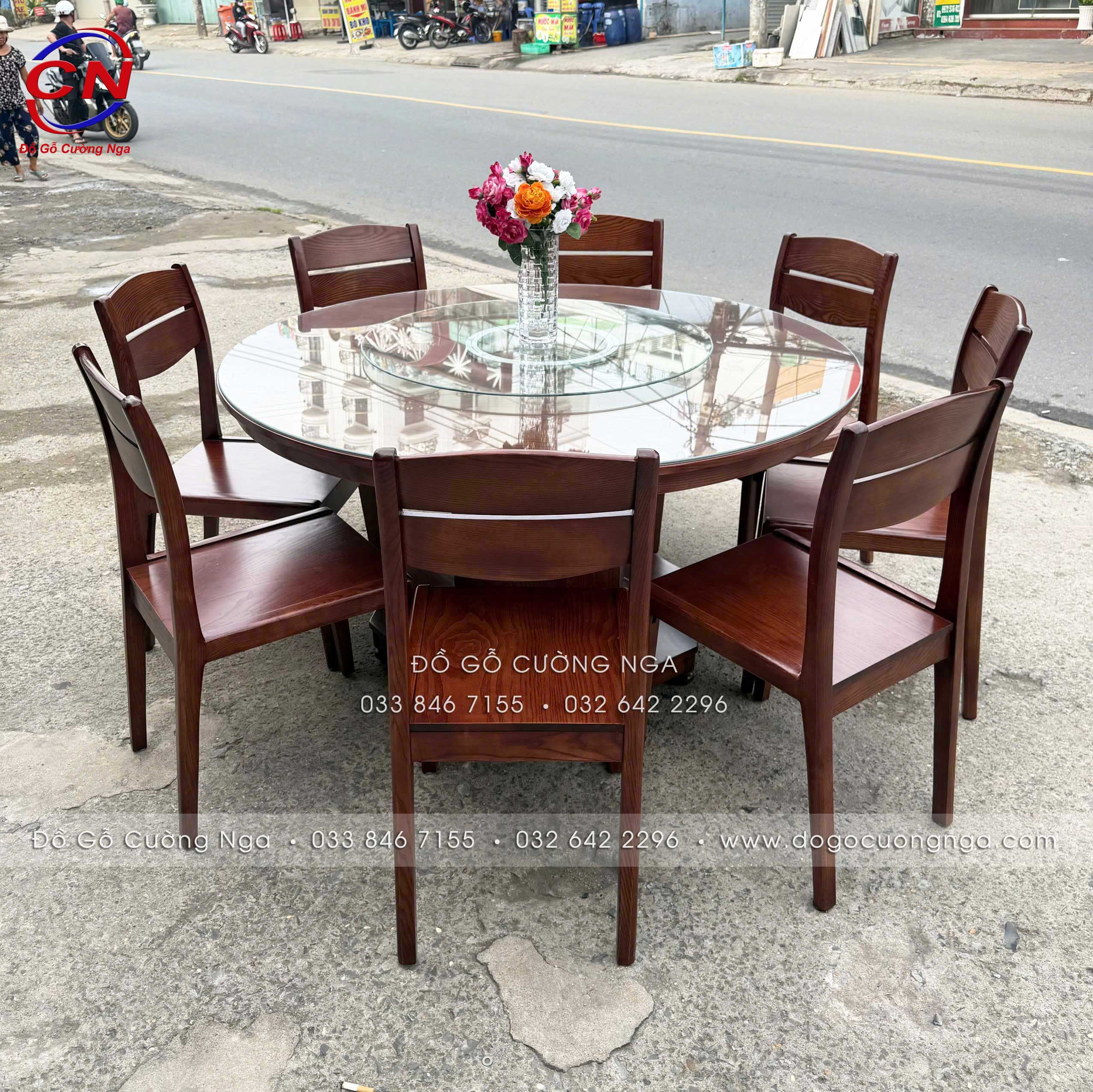 bàn ăn gỗ sồi 1m4 tròn kèm 8 ghế