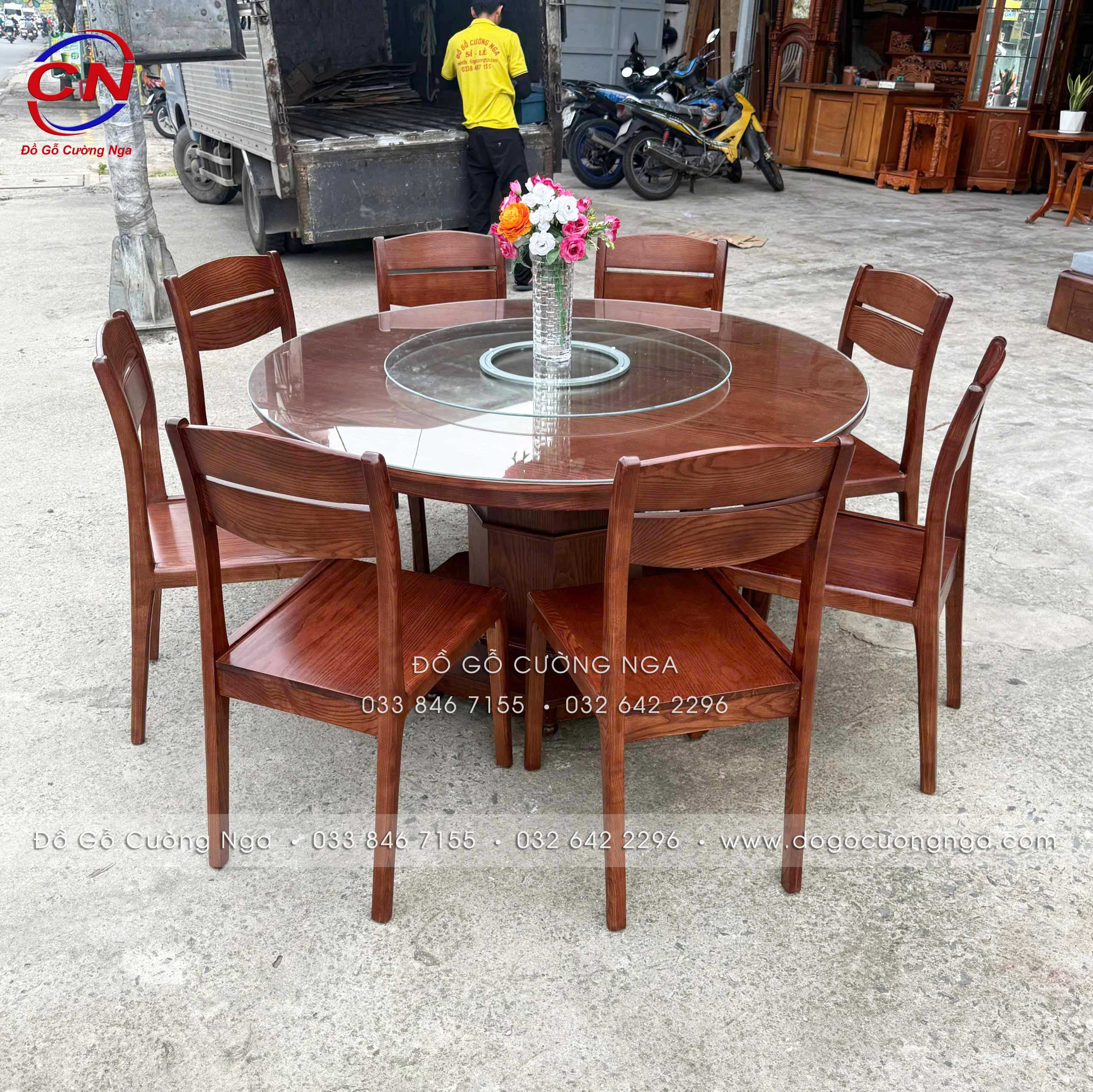 bàn ăn gỗ sồi 1m4 tròn kèm 8 ghế