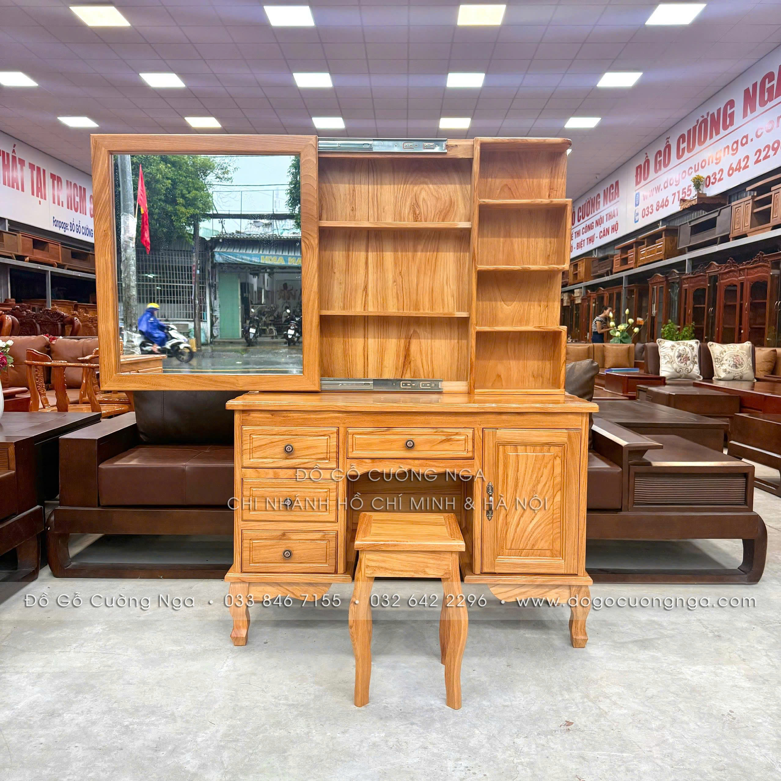bàn trang điểm gỗ gõ đỏ 1m1 gương trượt 