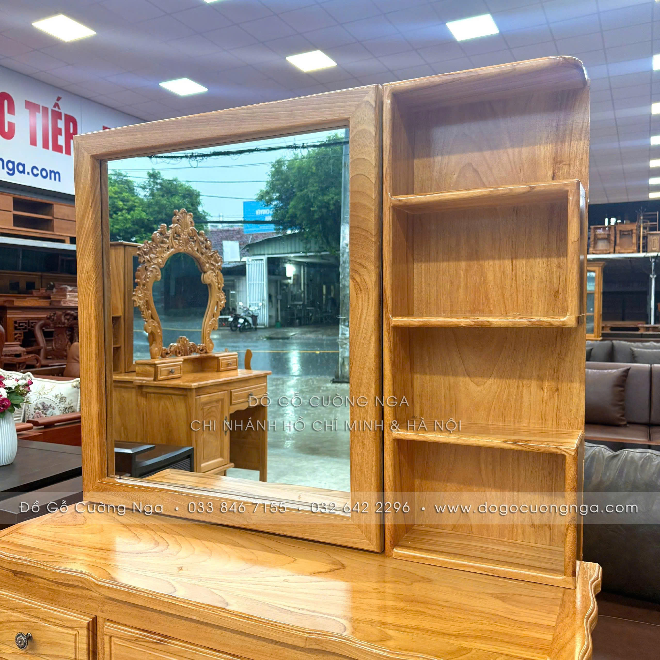 bàn trang điểm gỗ gõ đỏ 1m1 gương trượt 