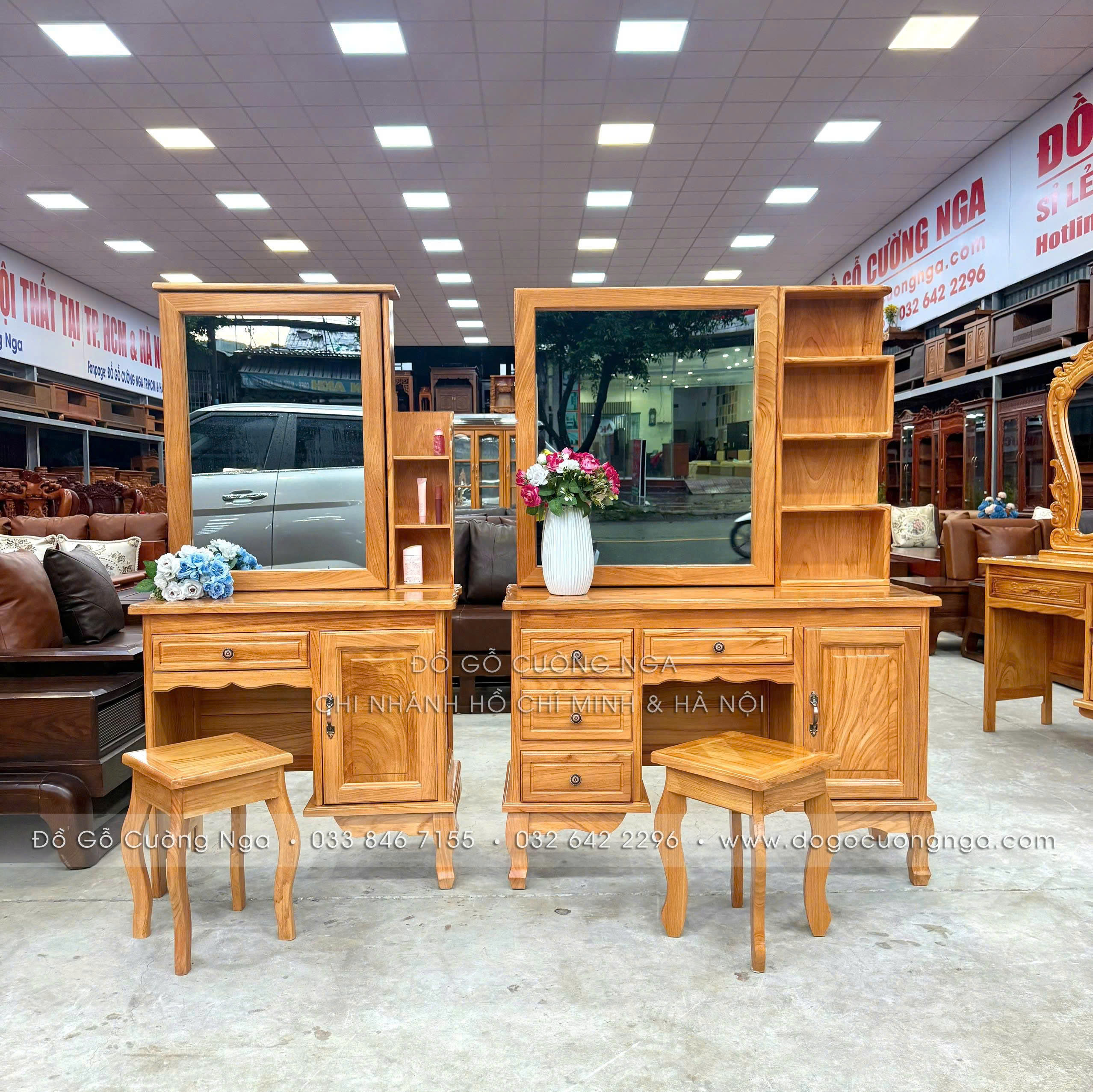 bàn trang điểm gỗ gõ đỏ 1m1 gương trượt 
