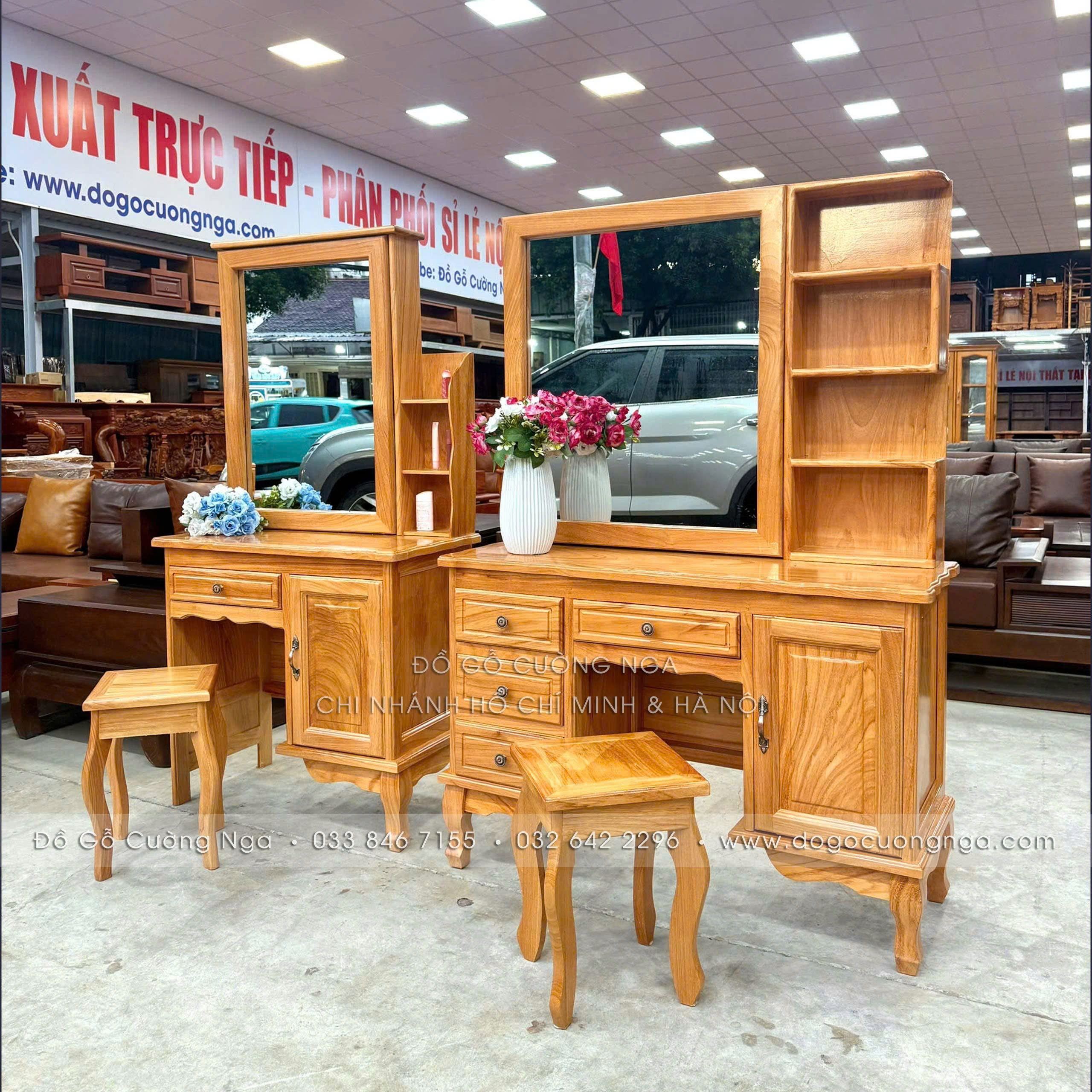 bàn trang điểm gỗ gõ đỏ 1m1 gương trượt 
