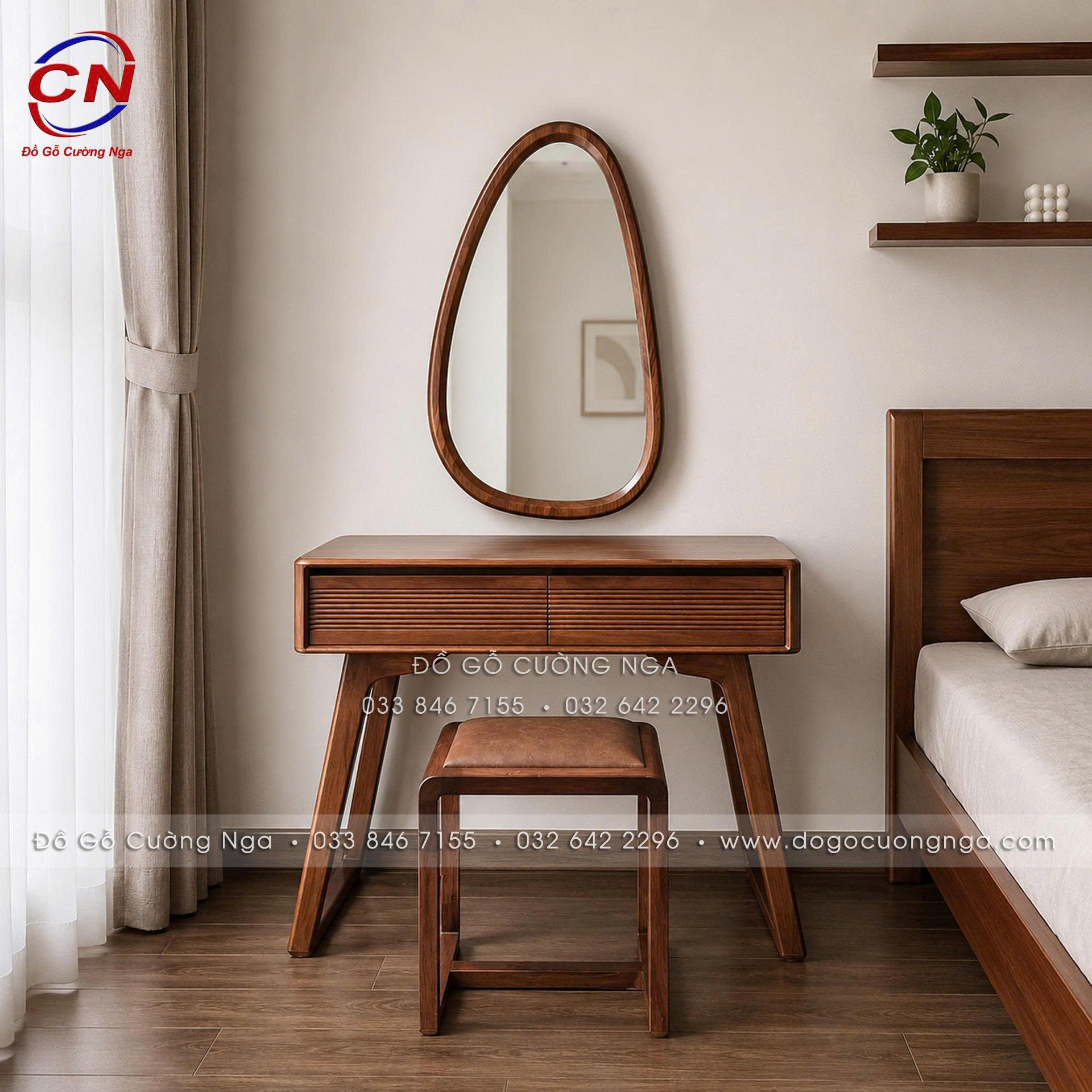 bàn trang điểm gỗ hương xám màu óc chó hiện đại
