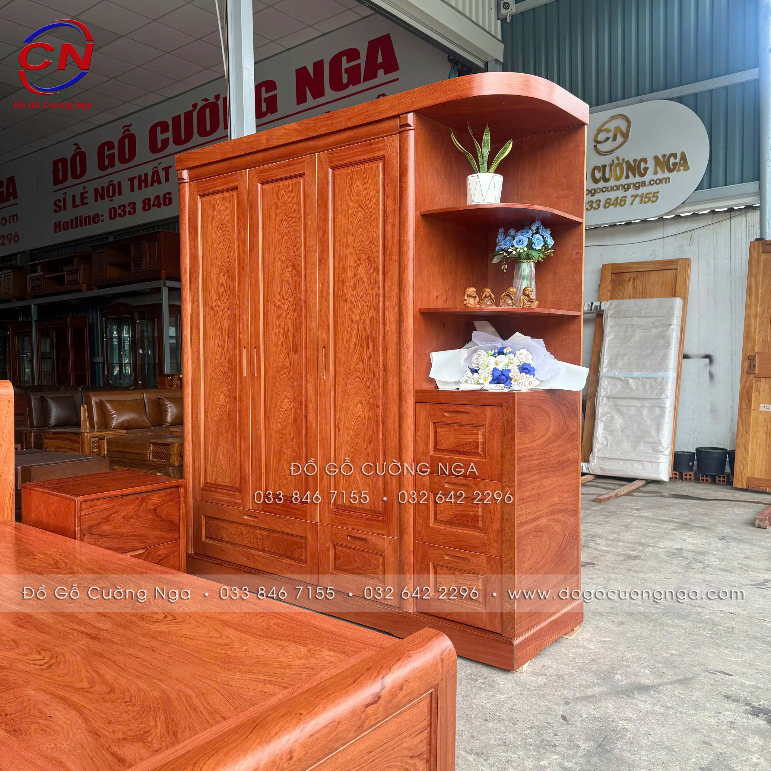 tủ quần áo gỗ hương đá 3 cánh góc phải