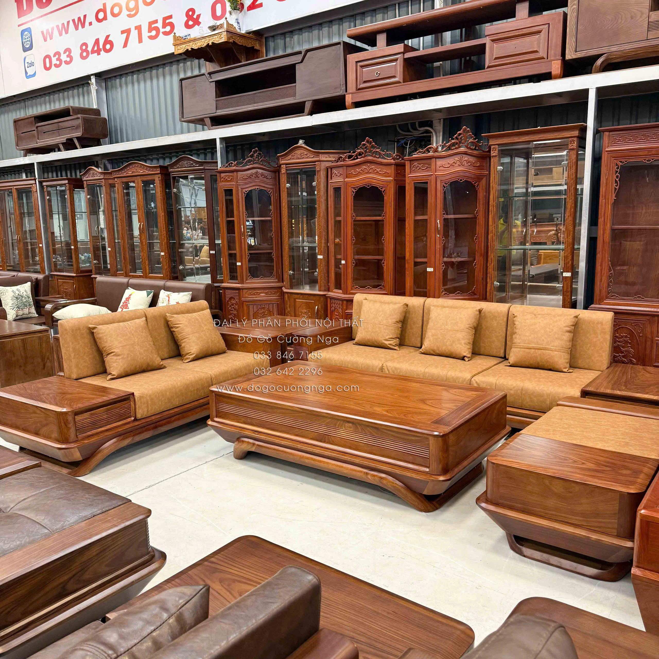 sofa gỗ hường vàng 2 văng