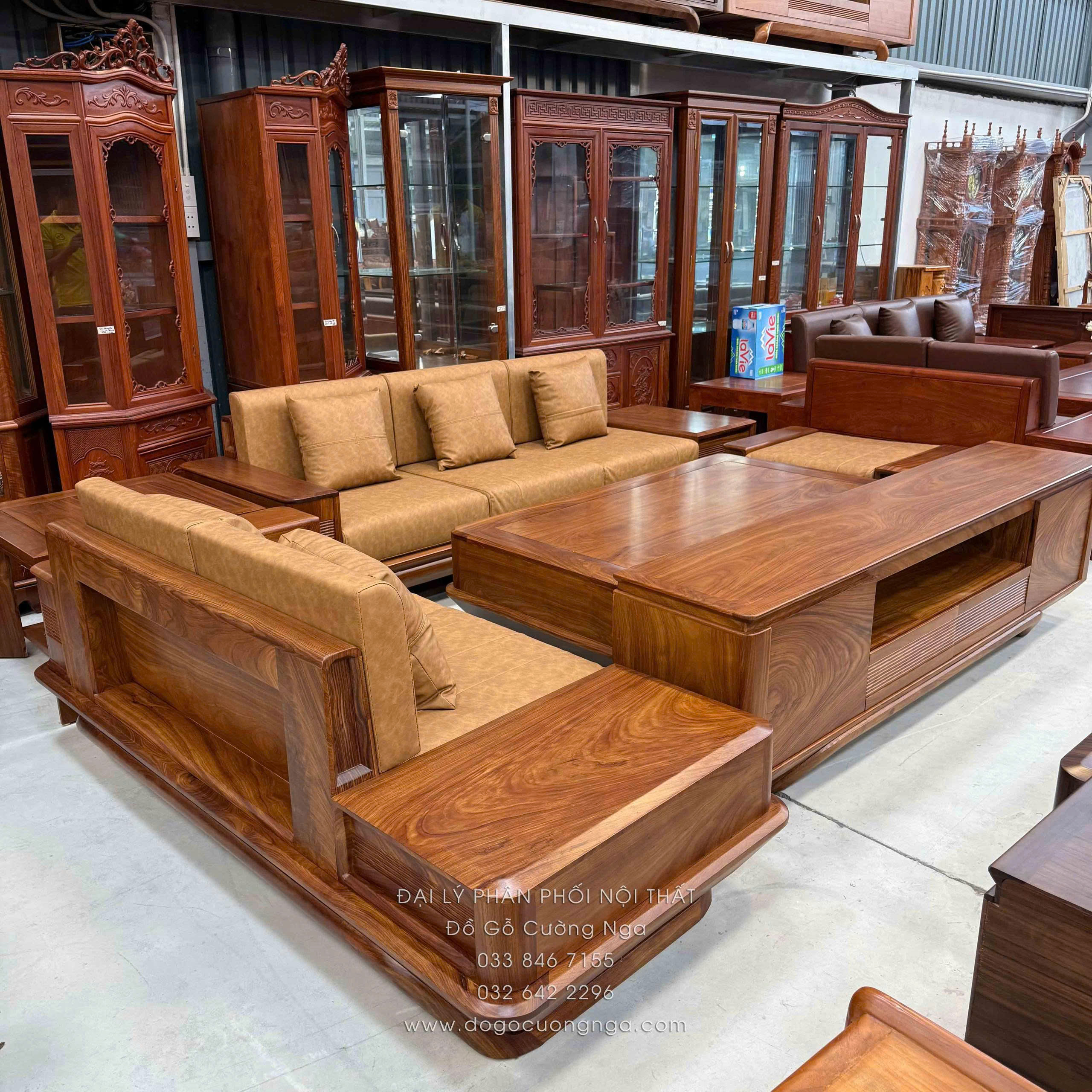 sofa gỗ hường vàng 2 văng