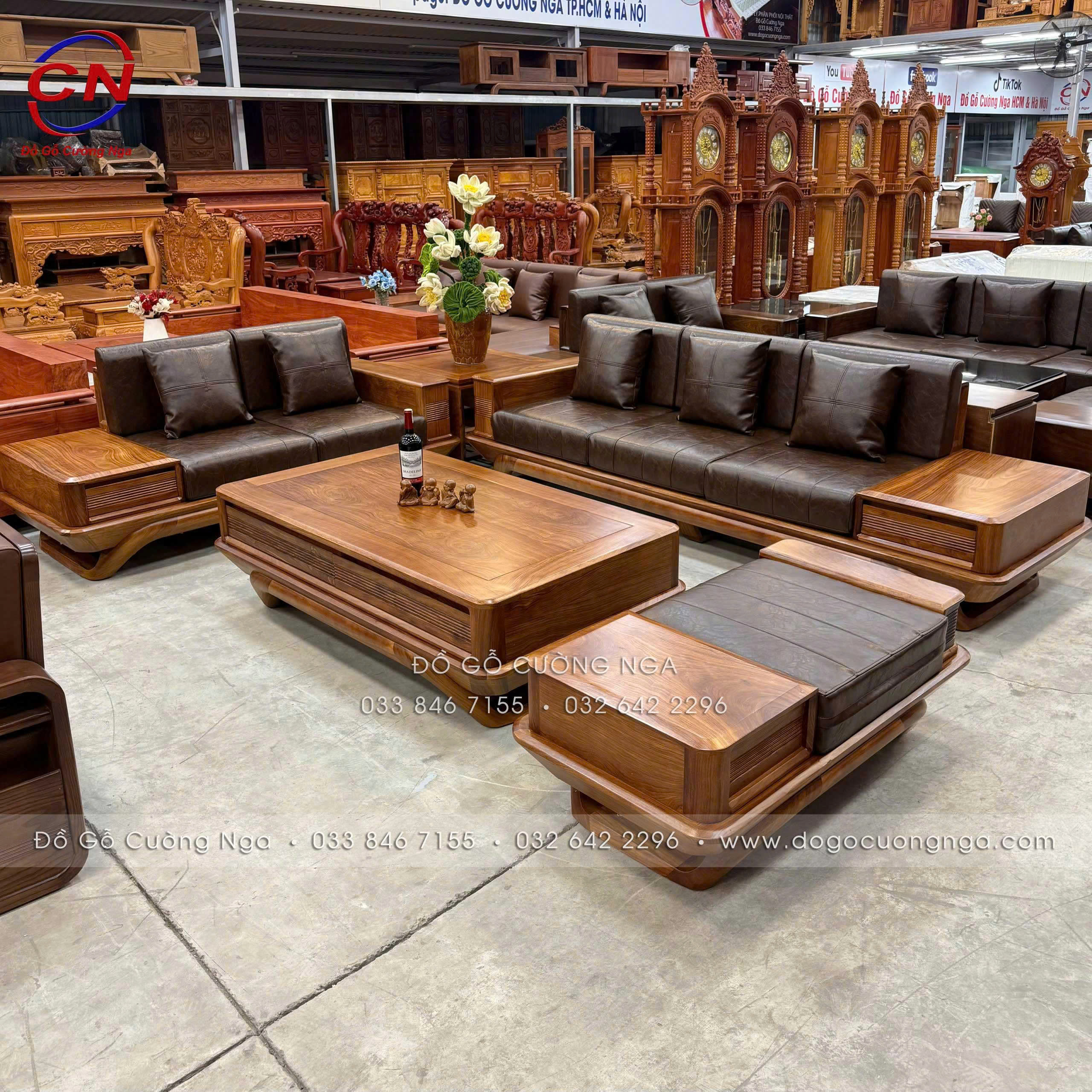 sofa gỗ hường vàng 2 văng