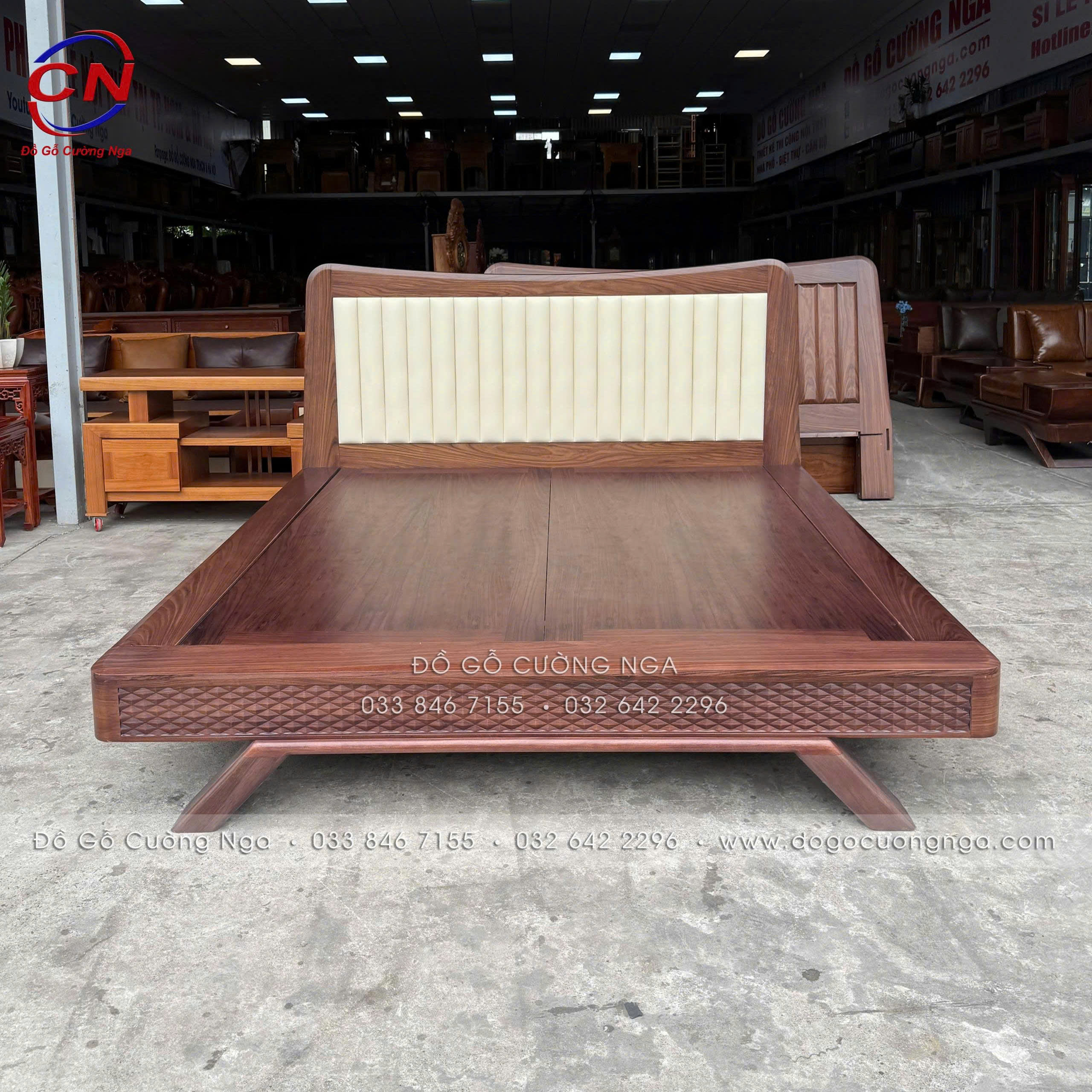 giường ngủ gỗ óc chó đầu nệm kiểu nhật 