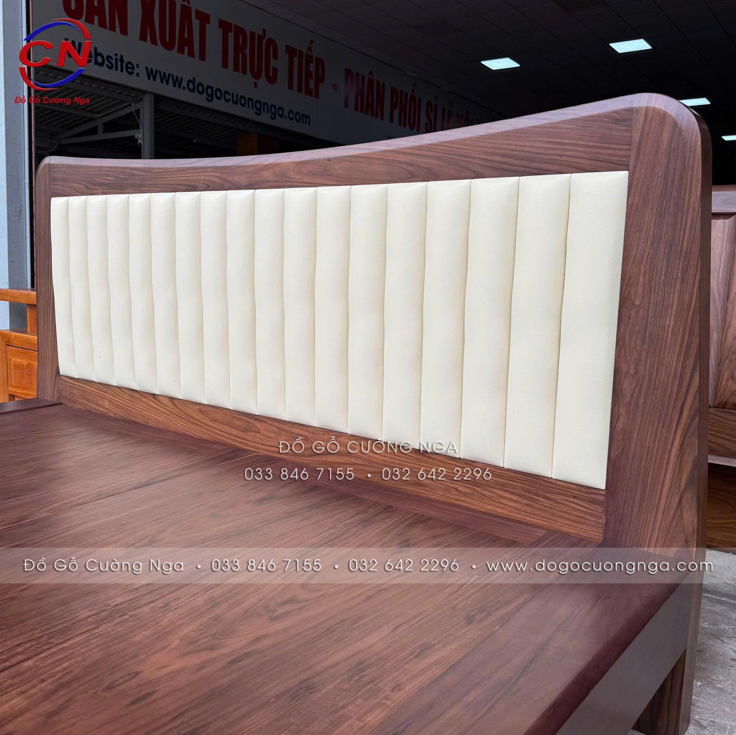 giường ngủ gỗ óc chó đầu nệm kiểu nhật 