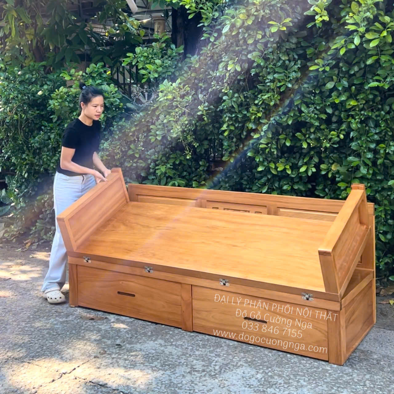 giường gấp gỗ gõ đỏ chân cao 40cm 