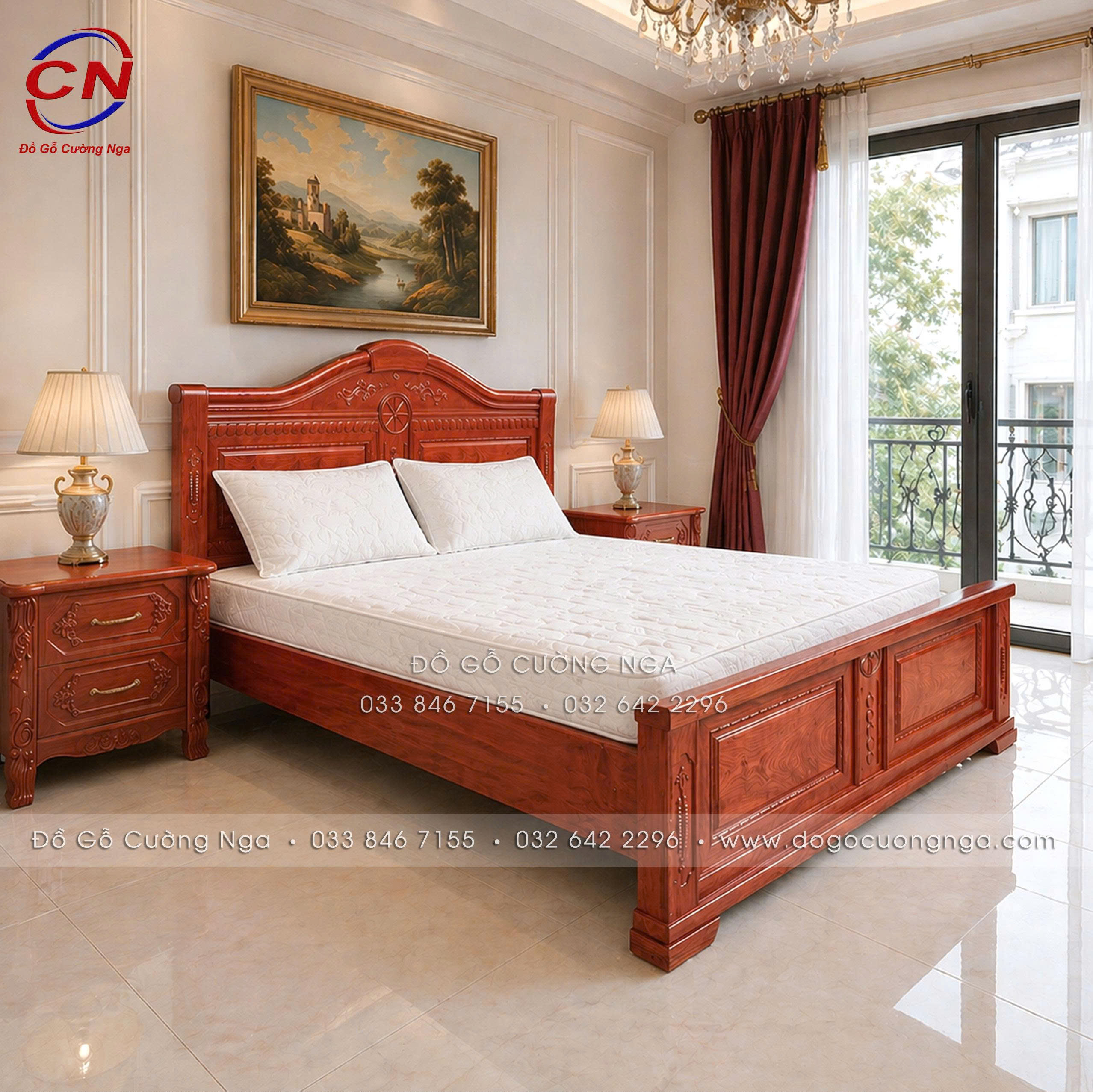giường gỗ hương đá cao cấp - tân cổ điển 