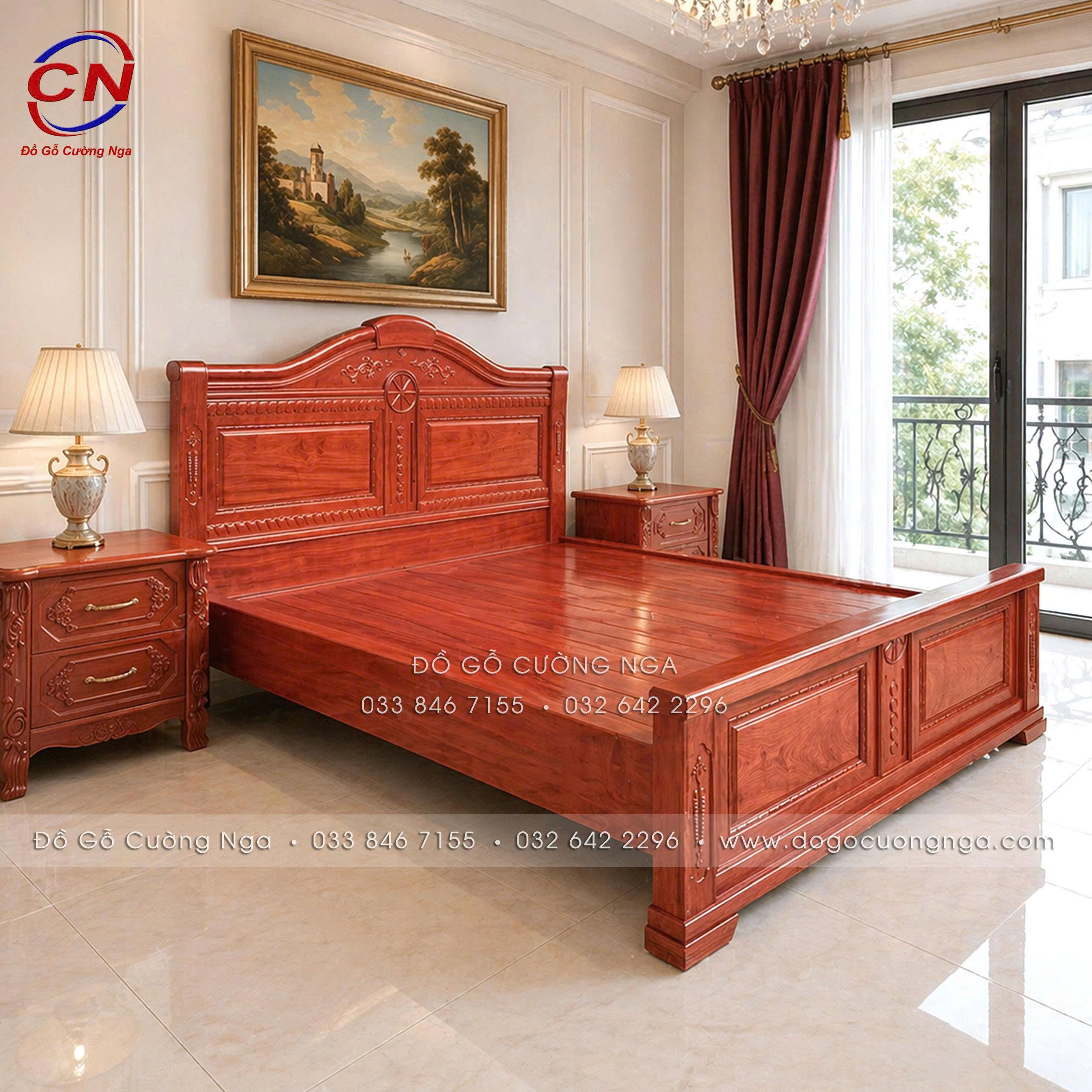 giường gỗ hương đá cao cấp - tân cổ điển 