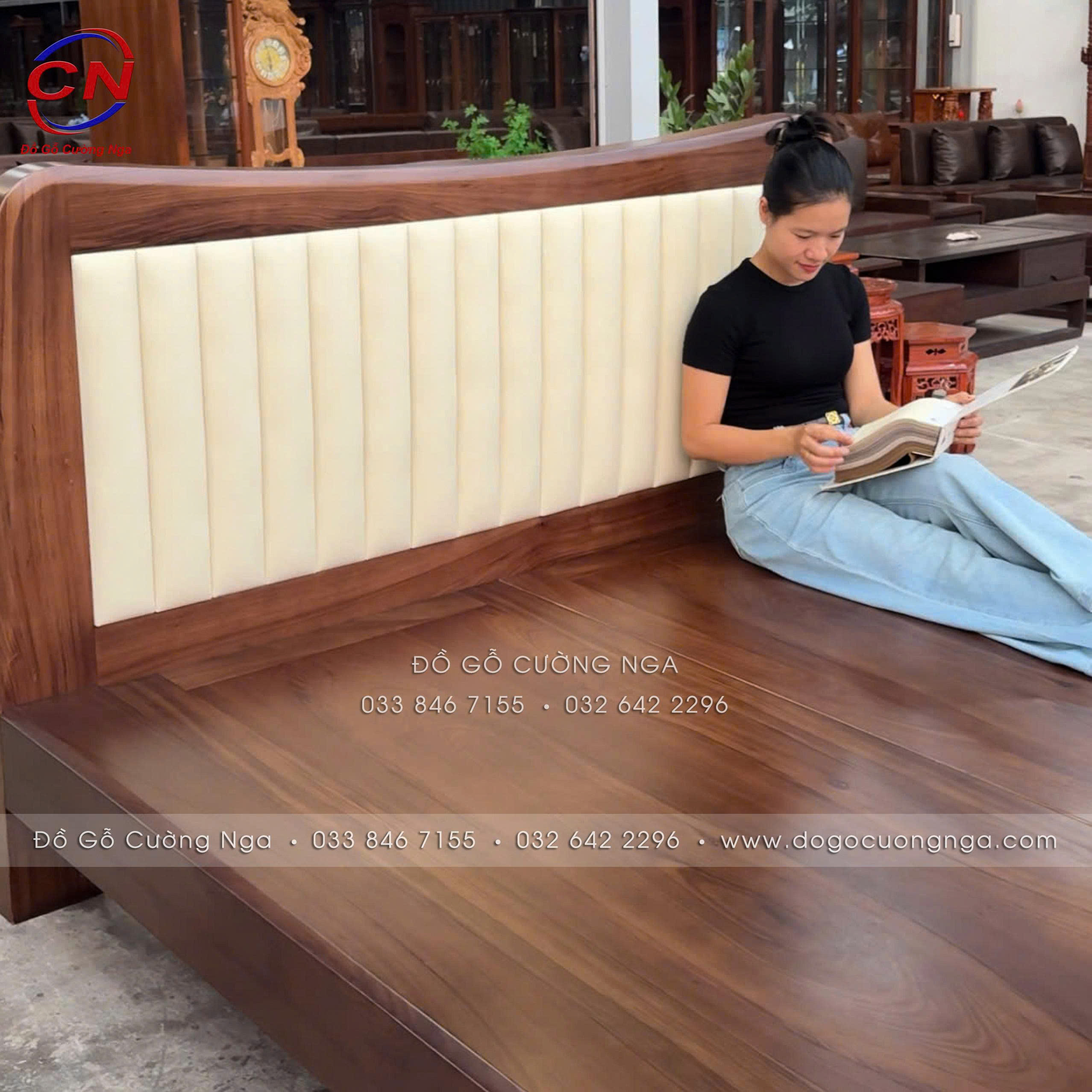 giường gỗ hương xám màu óc chó kiểu nhật