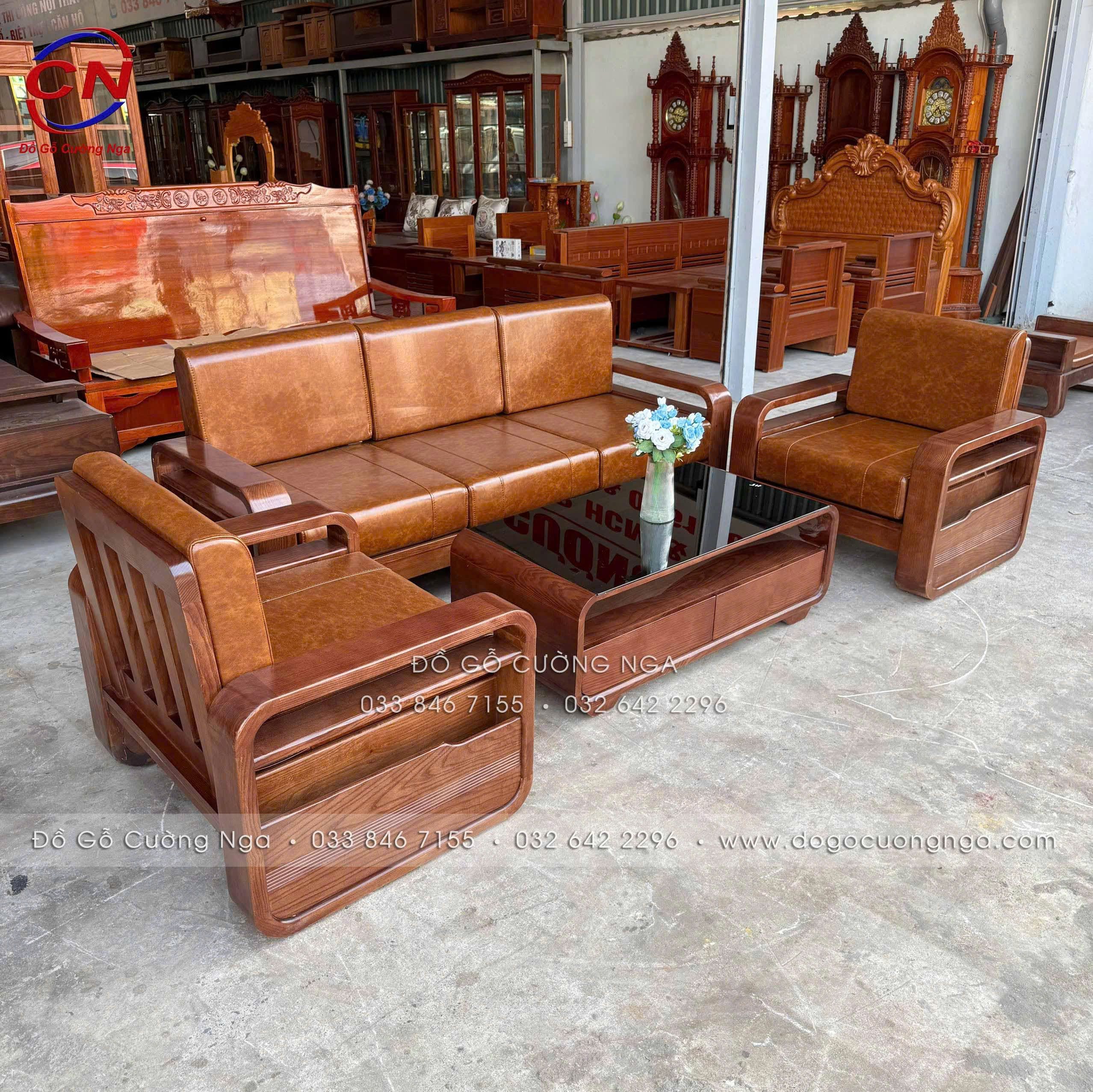 sofa gỗ sồi nga kê đối xứng