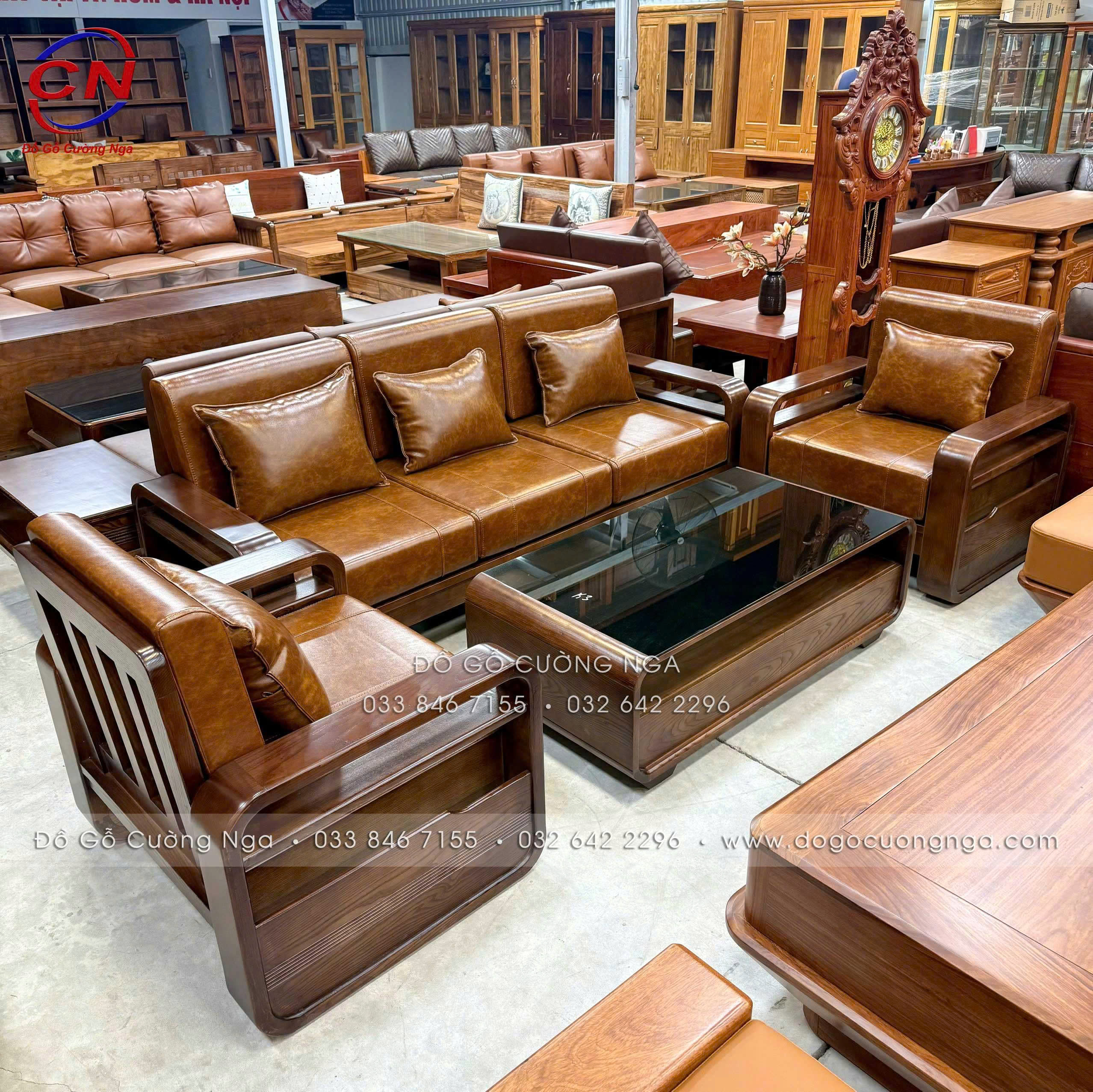 sofa gỗ sồi đối xứng tay vòng màu óc chó
