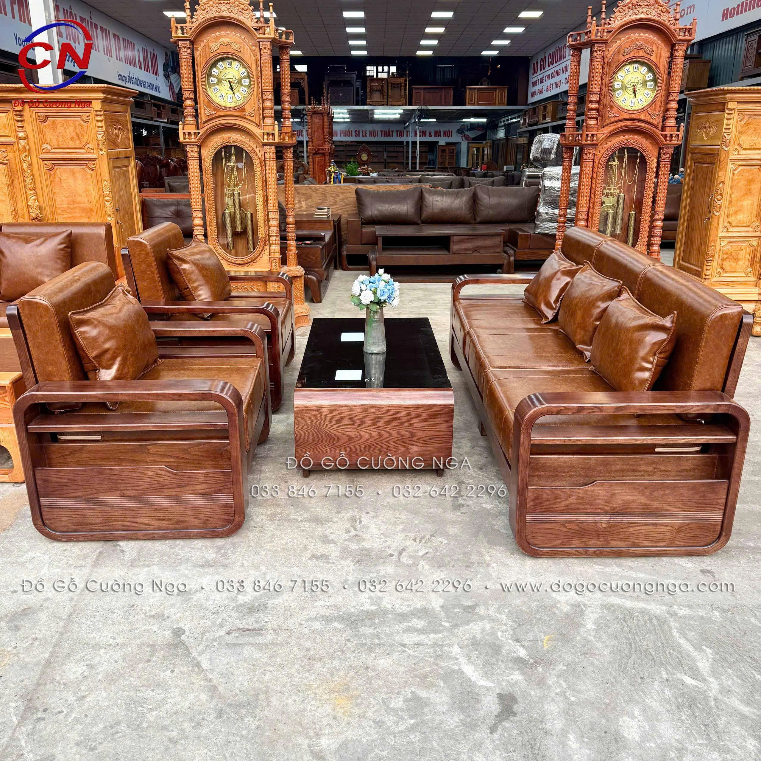 sofa gỗ sồi đối xứng tay vòng màu óc chó