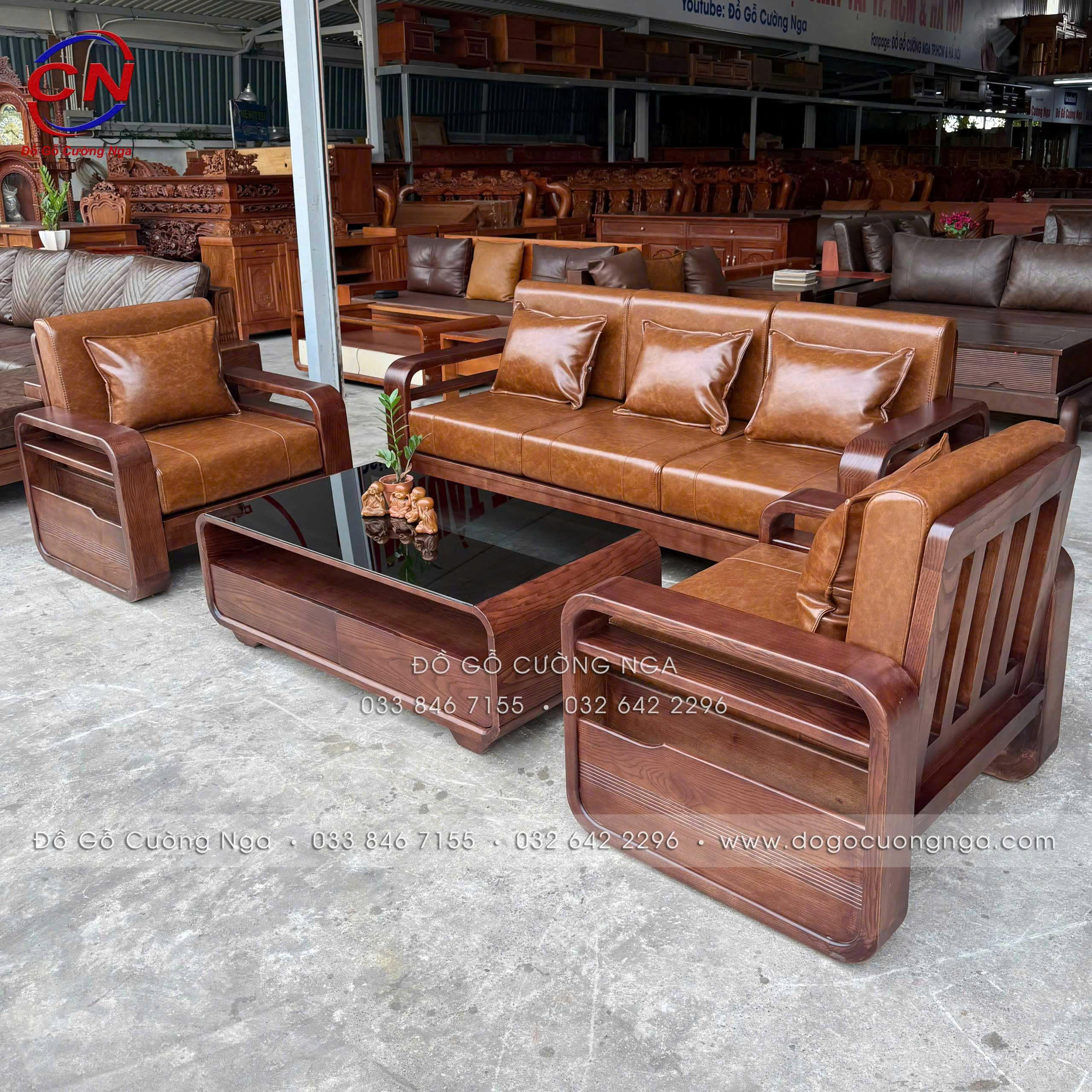 sofa gỗ sồi màu óc chó đối xứng