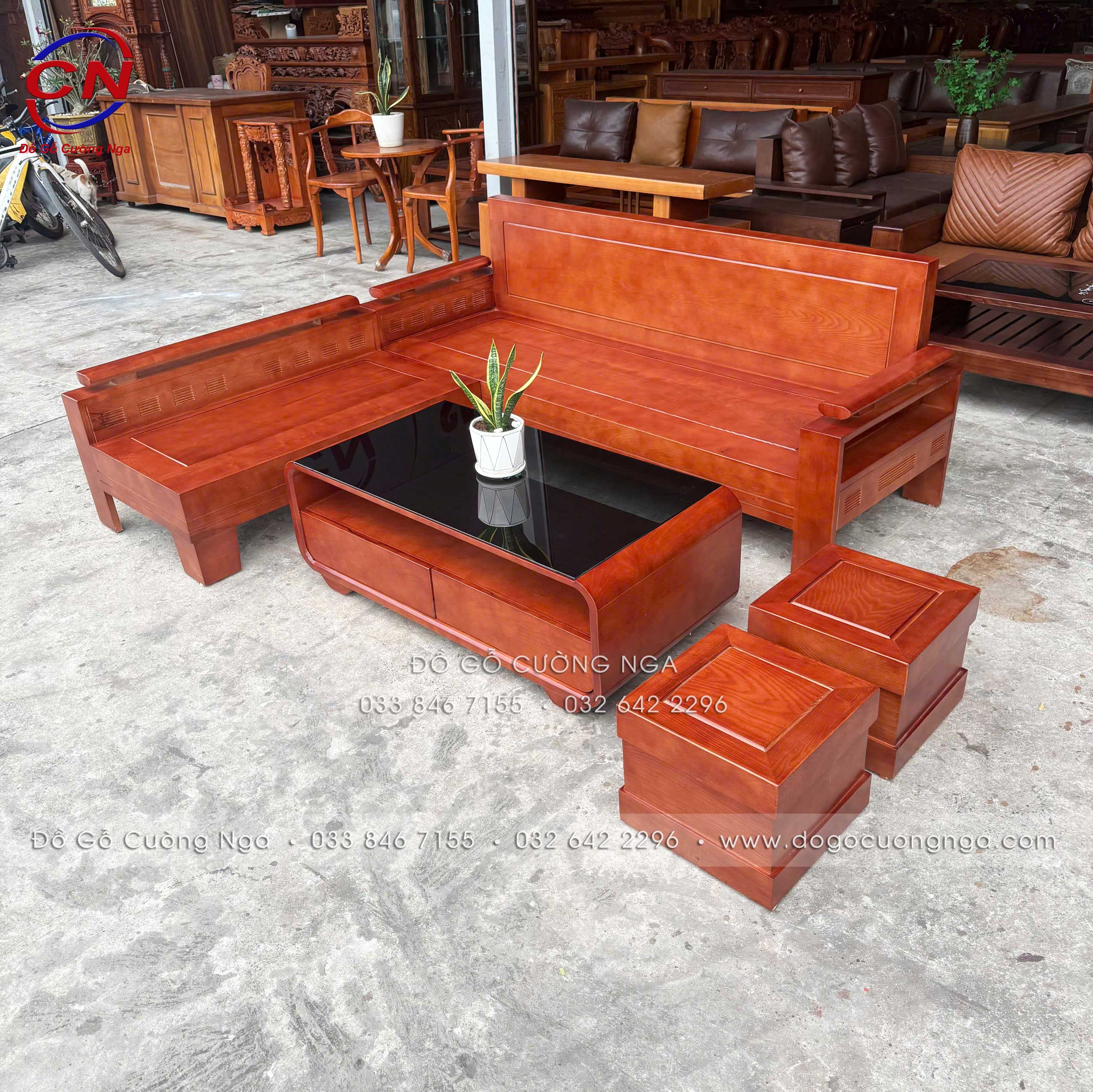 sofa gỗ sồi nga 2mx1m8 bàn boom