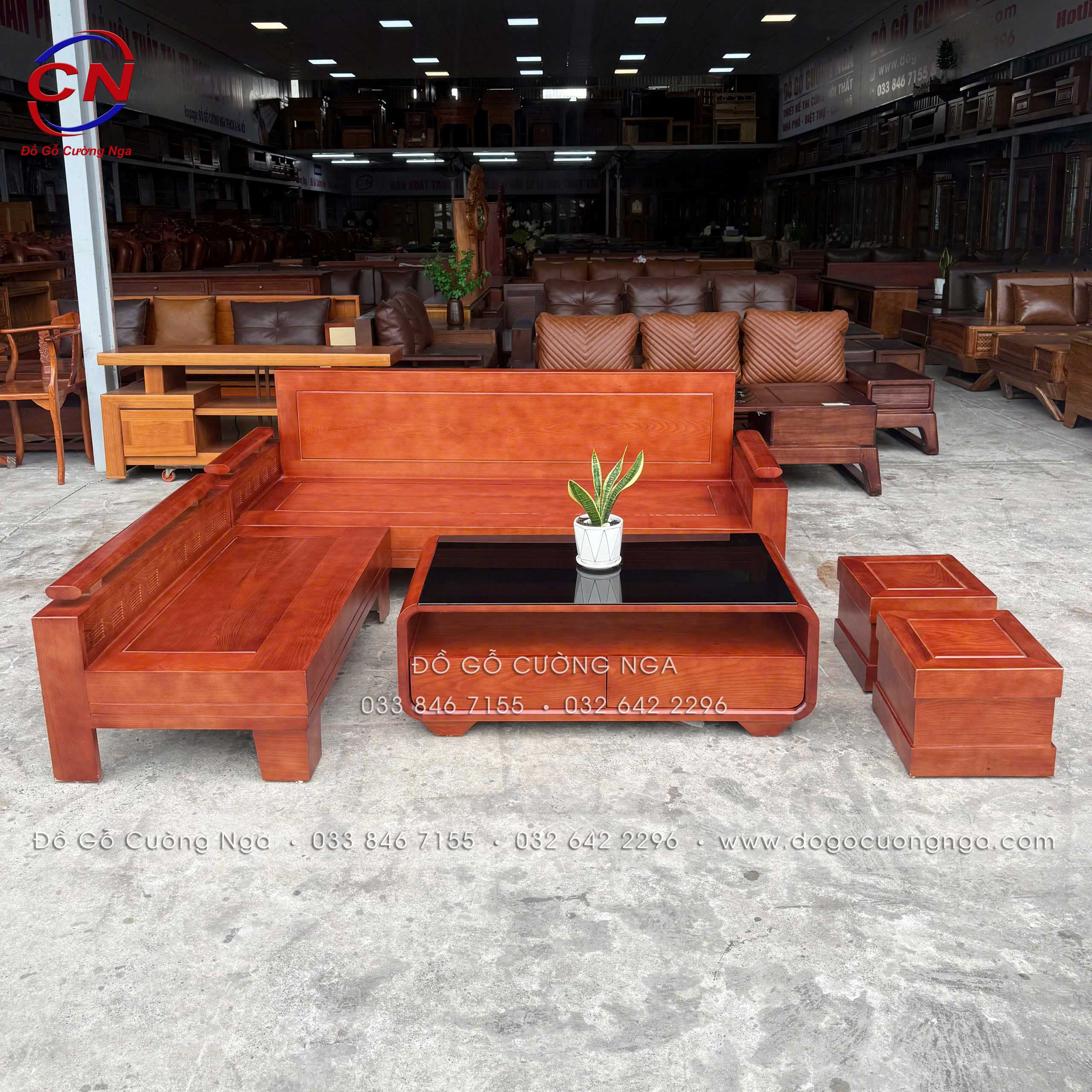 sofa gỗ sồi nga 2mx1m8 bàn boom