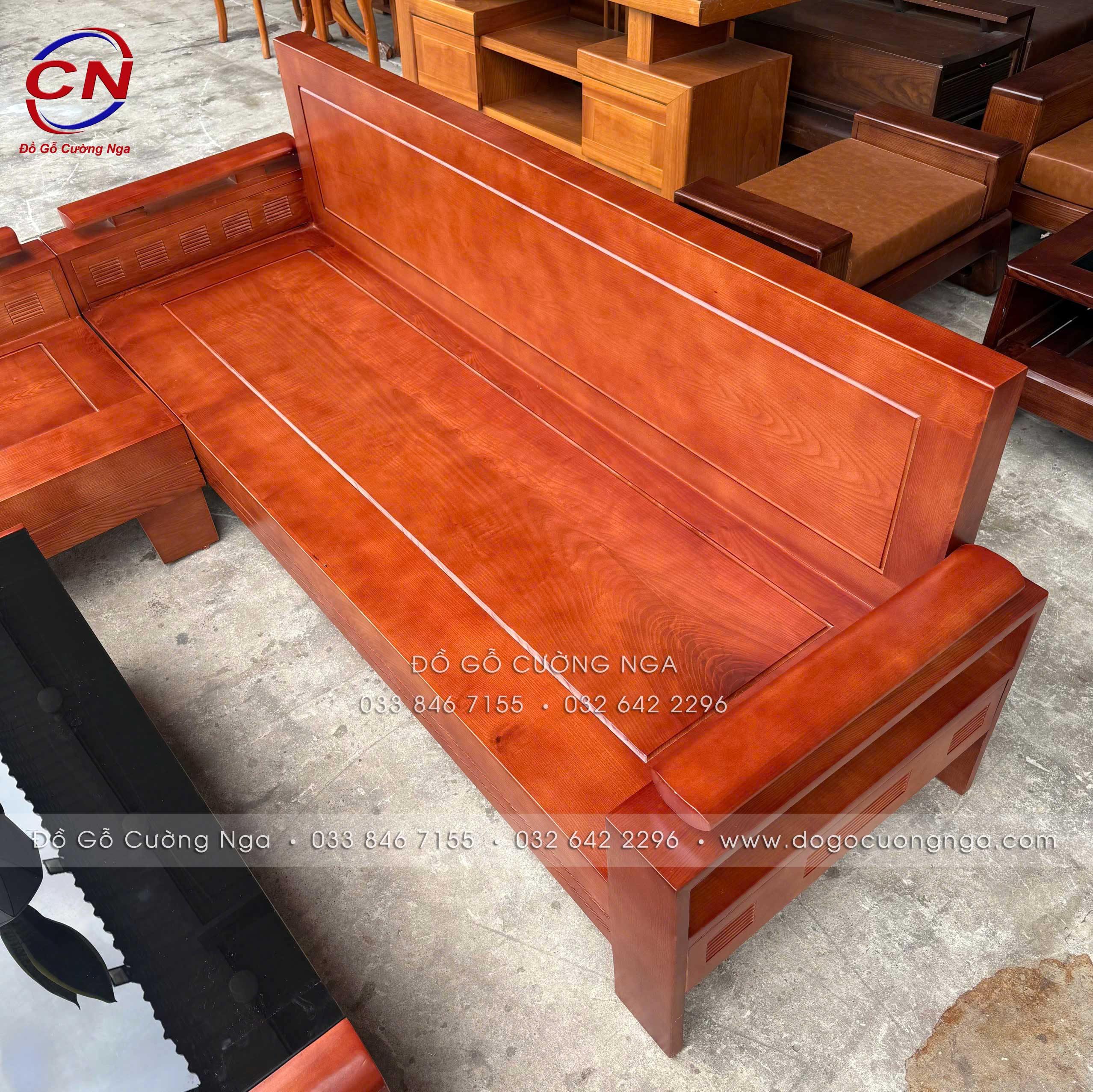 sofa gỗ sồi nga 2mx1m8 bàn boom