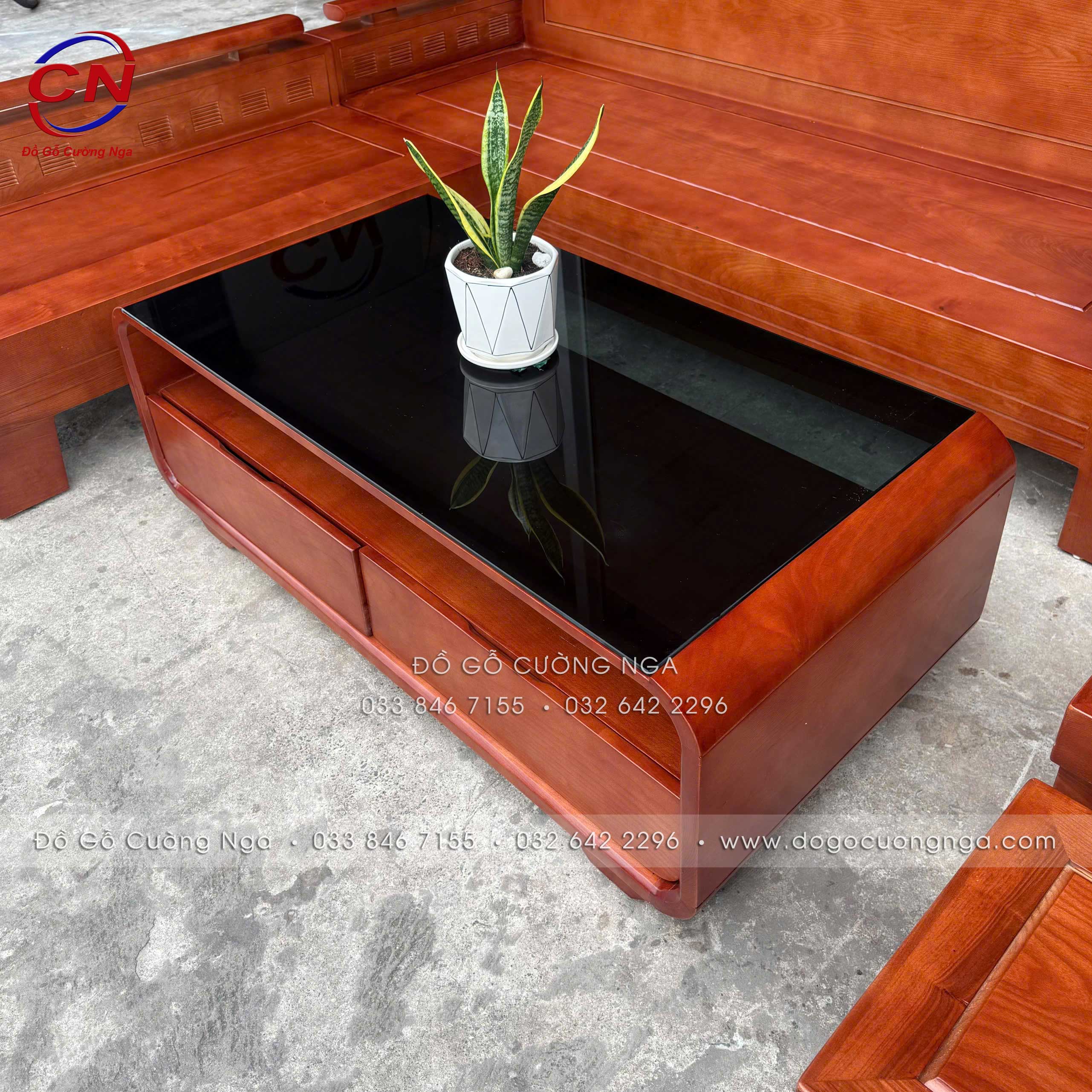 sofa gỗ sồi nga 2mx1m8 bàn boom