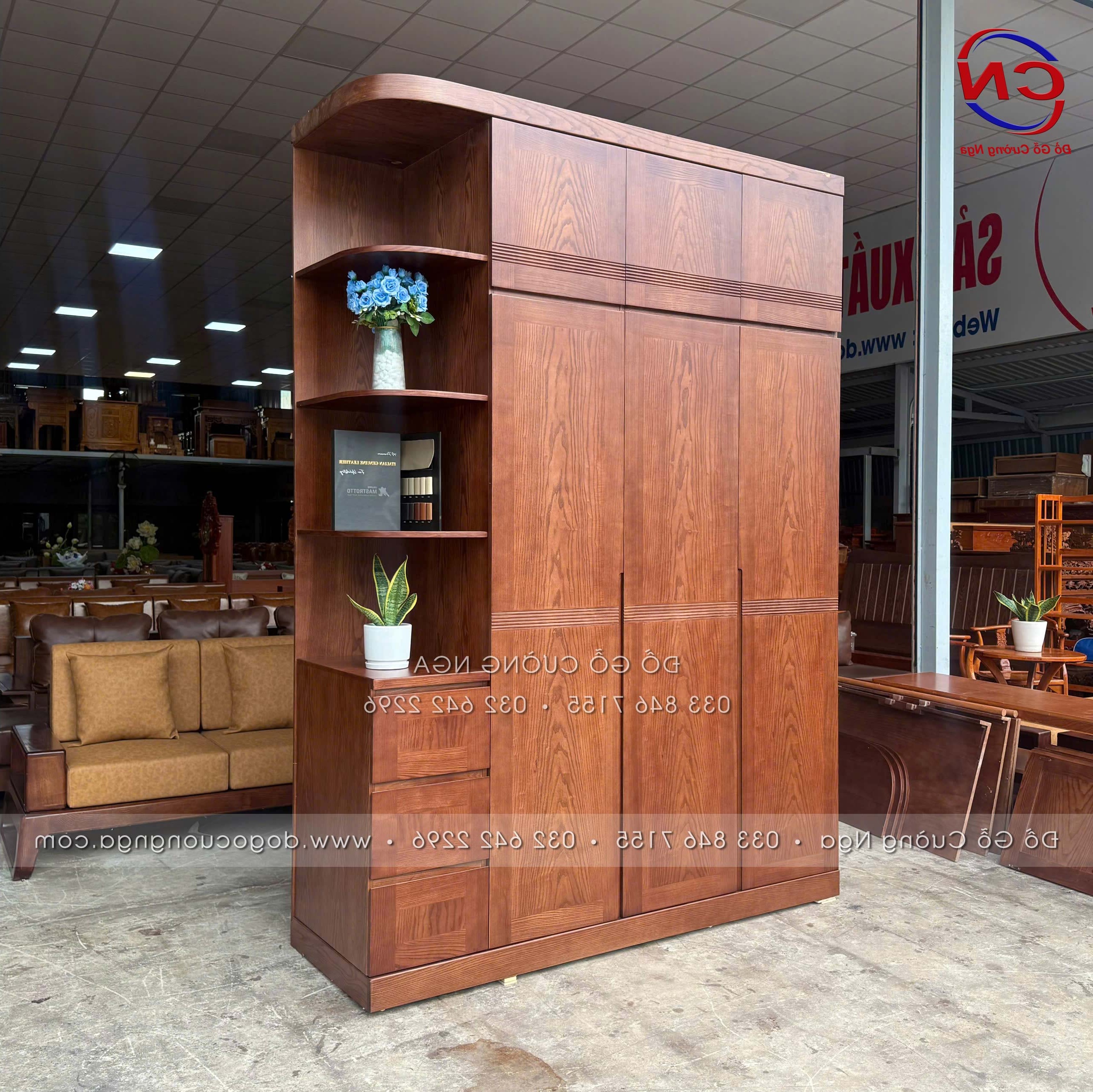 tủ áo gỗ sồi nga lau màu óc chó 3 cánh góc 2 tầng 