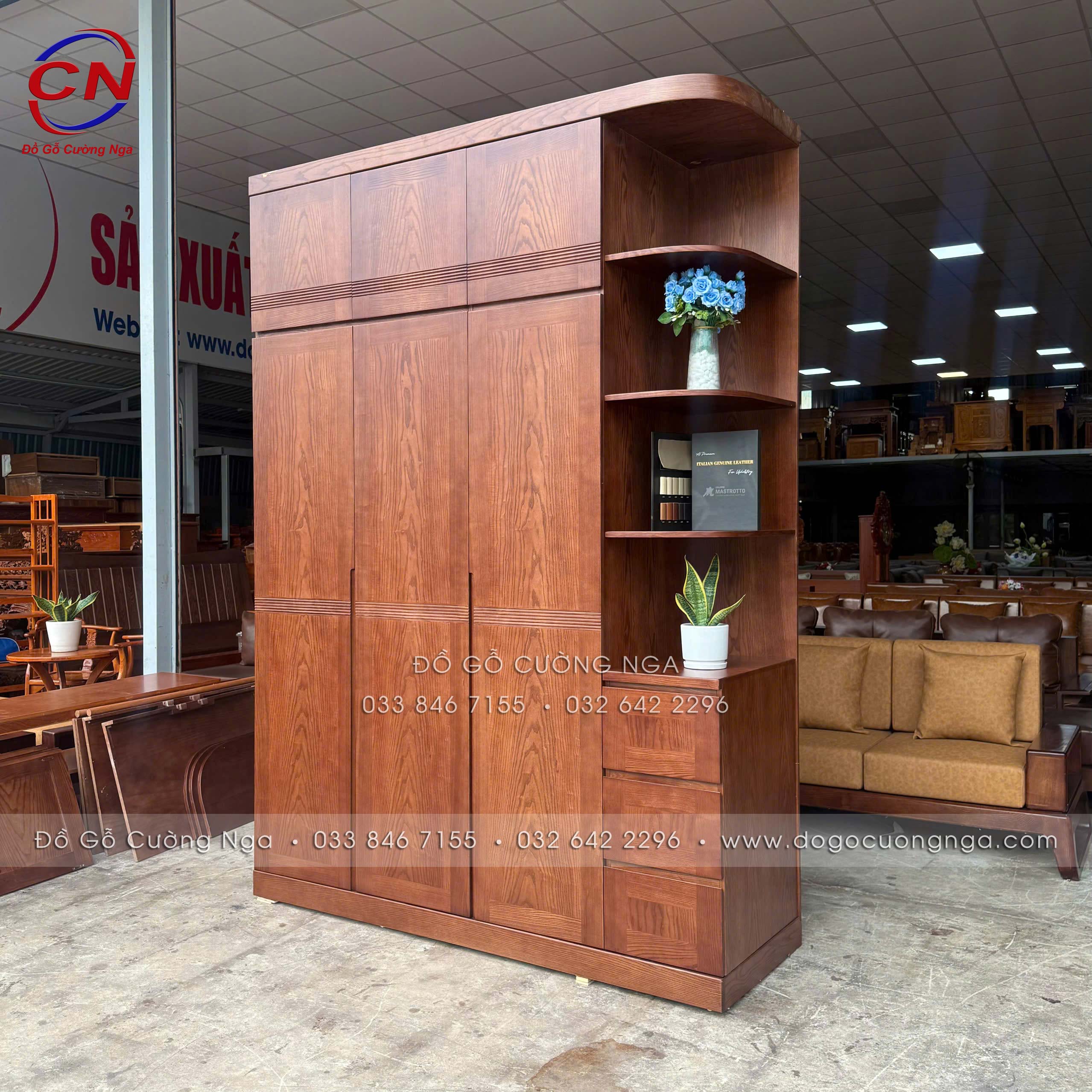 tủ áo gỗ sồi nga 3 canh góc hiện đại 2 tầng 