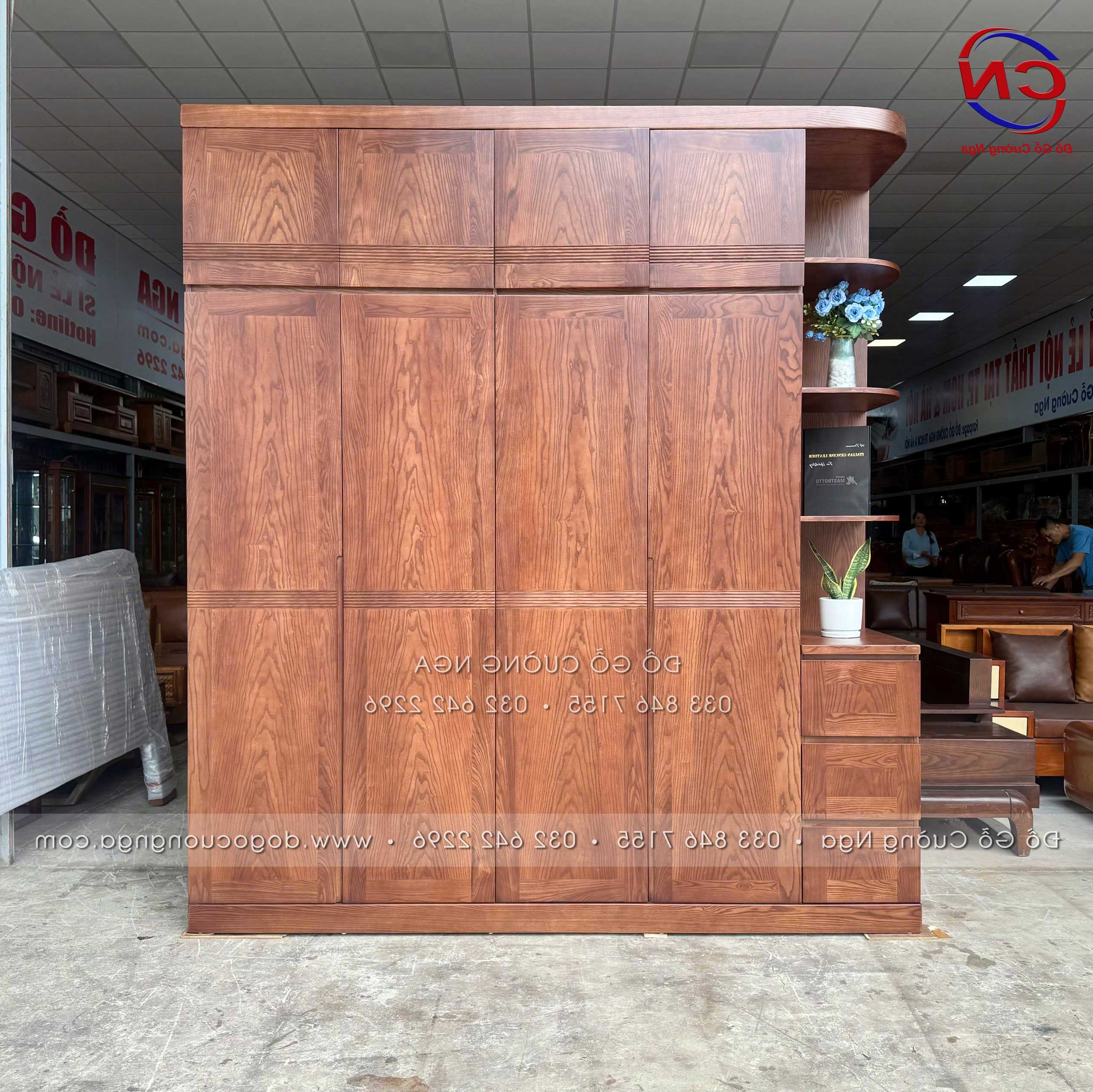tủ áo gỗ sồi nga 2 tầng - 4 cánh kèm kệ màu óc chó 
