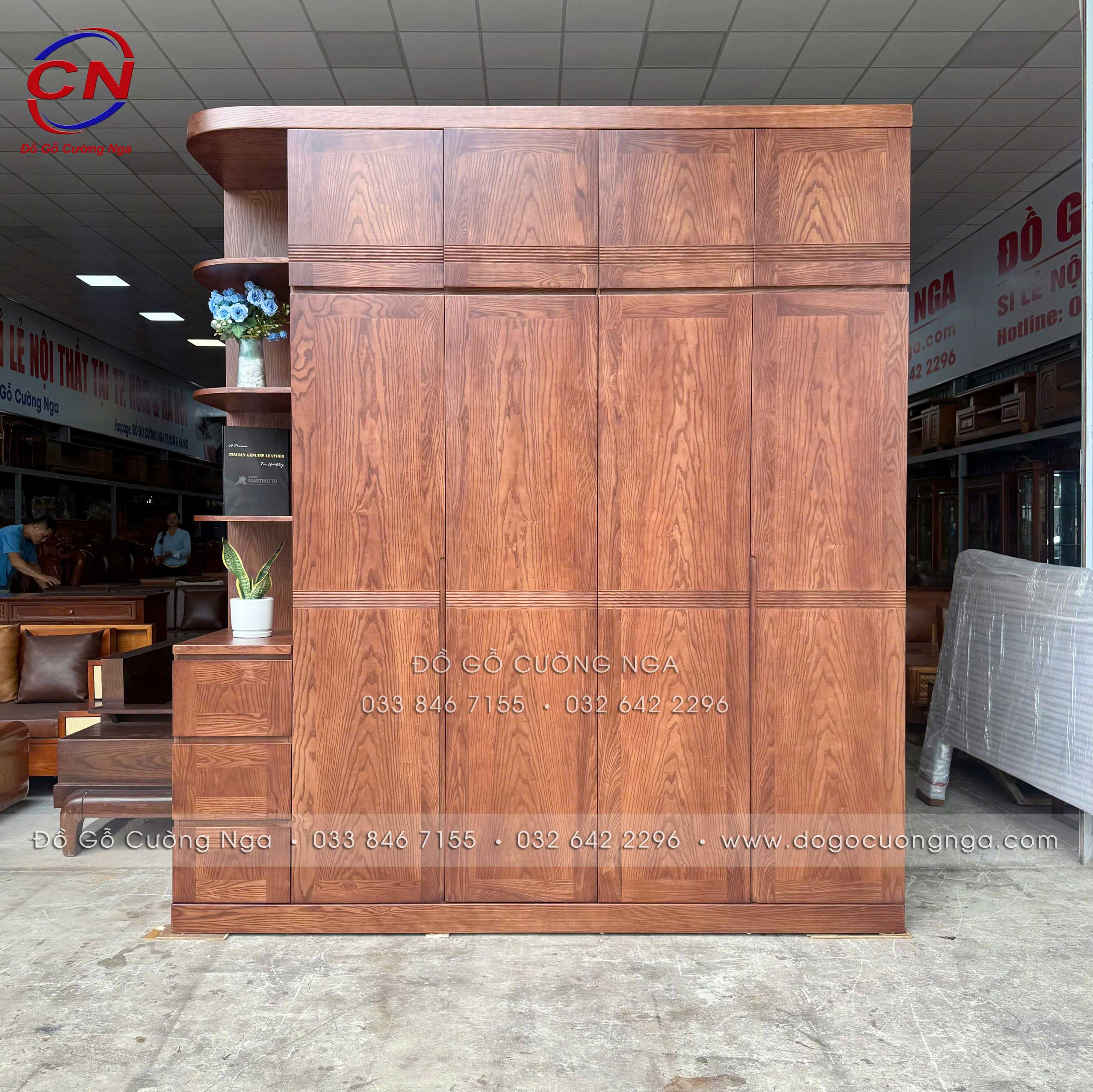 tủ áo gỗ sồi nga 2 tầng - 4 cánh kèm kệ màu óc chó 