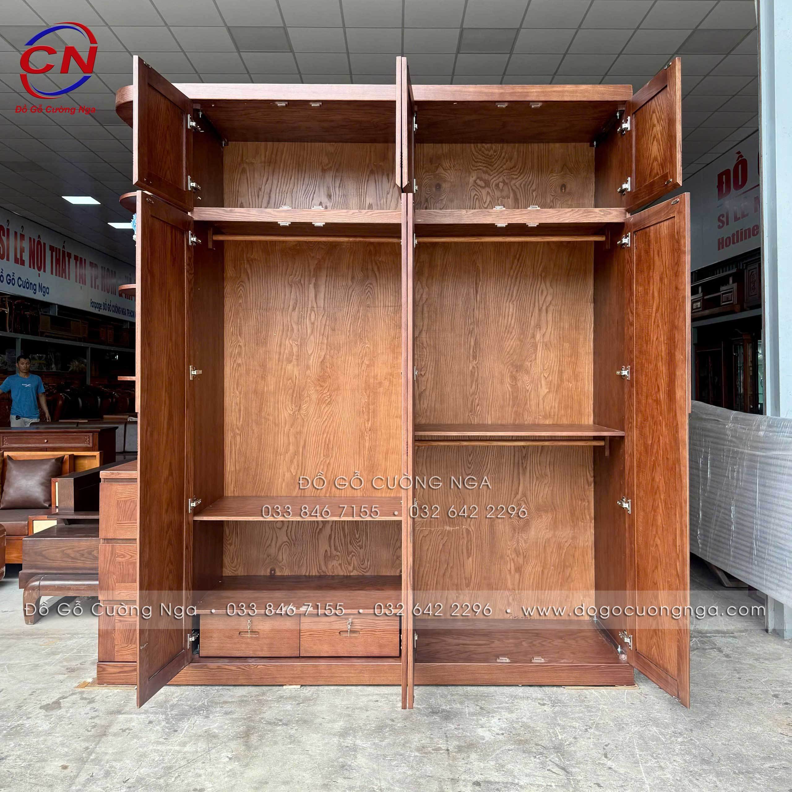 tủ áo gỗ sồi nga 2 tầng - 4 cánh kèm kệ màu óc chó 