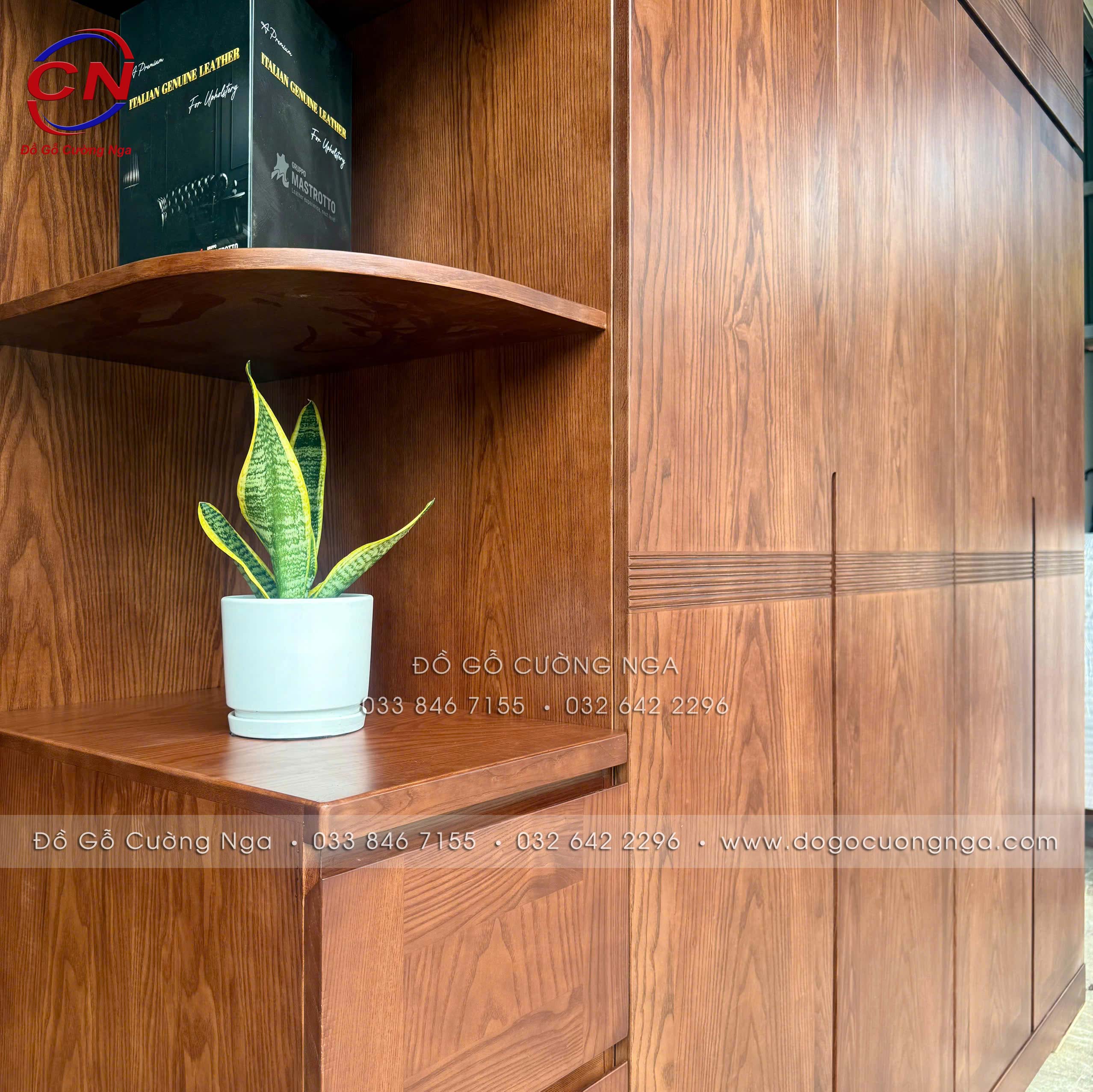 tủ áo gỗ sồi nga 2 tầng - 4 cánh kèm kệ màu óc chó 