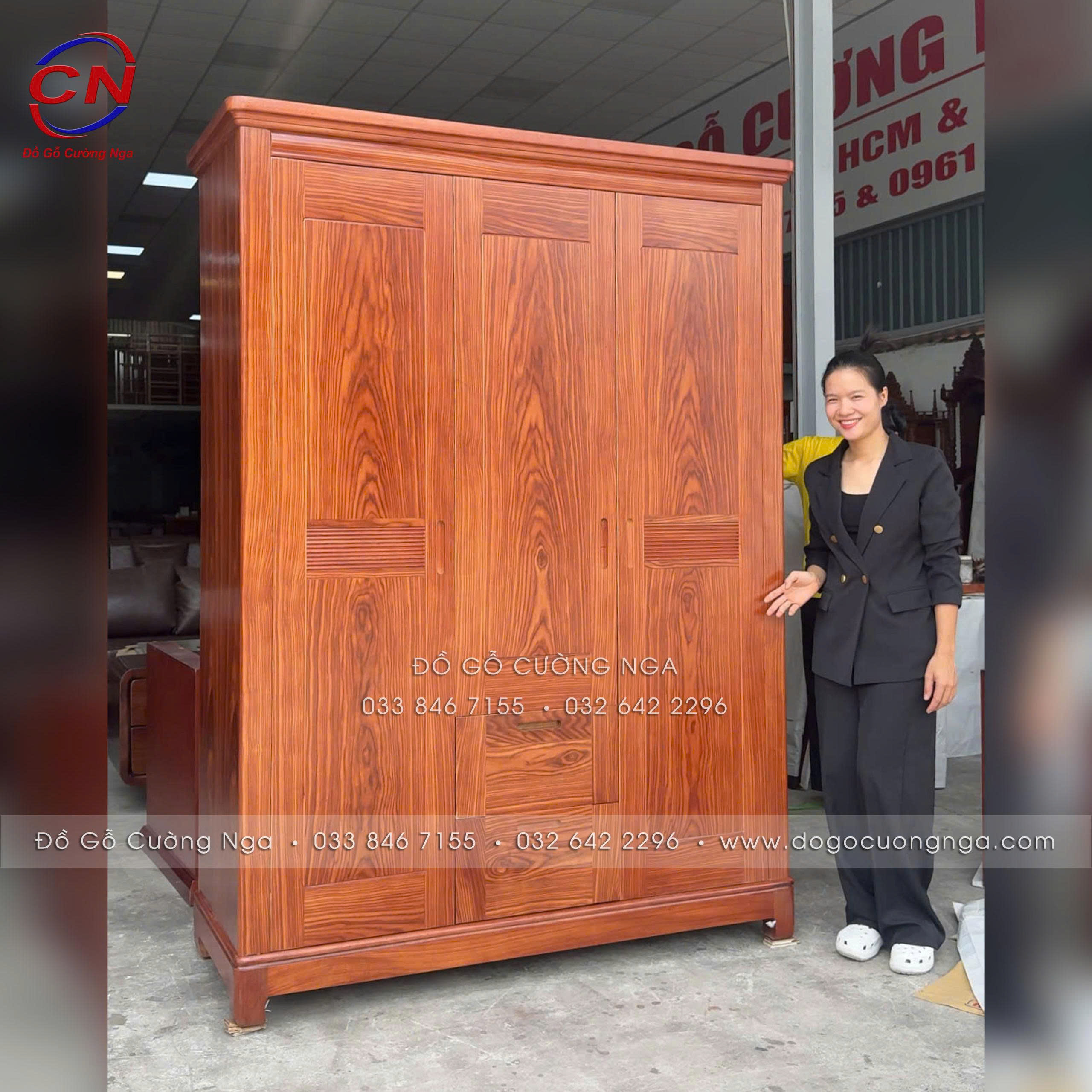 tủ áo gỗ cẩm vân 3 cánh hiện đại