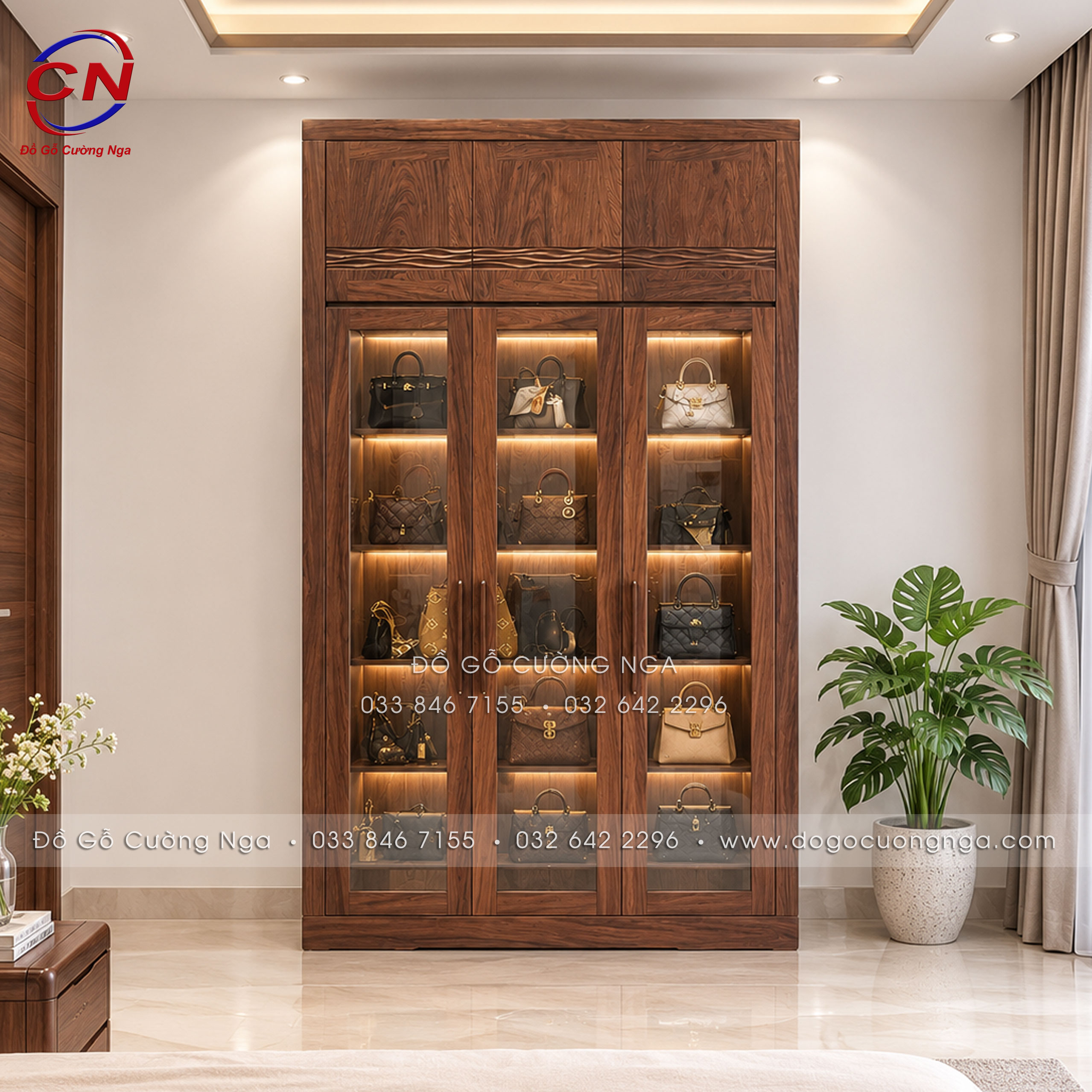 tủ đa năng cánh kính gỗ hương xám