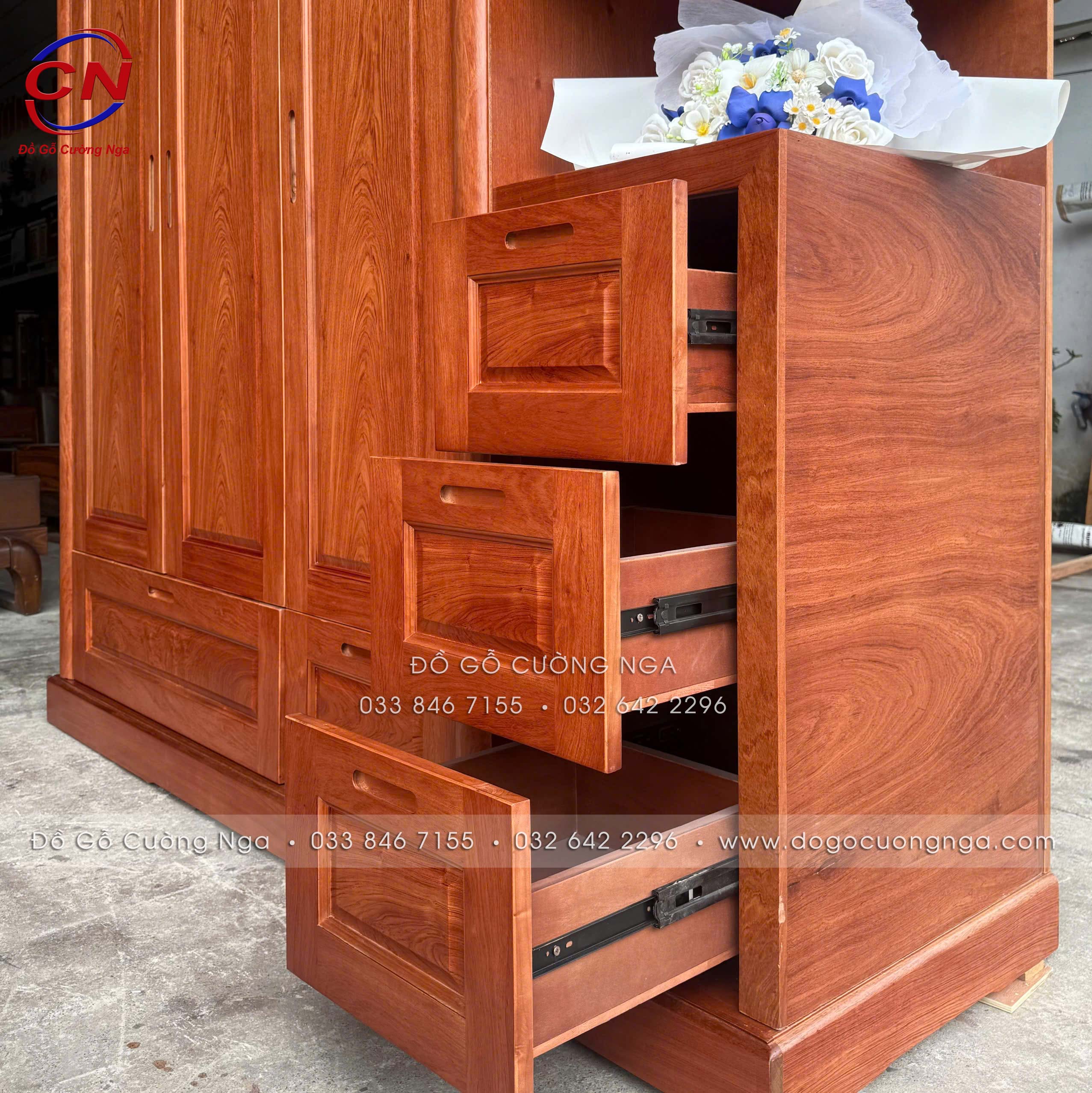 tủ quần áo gỗ hương đá 3 cánh góc phải
