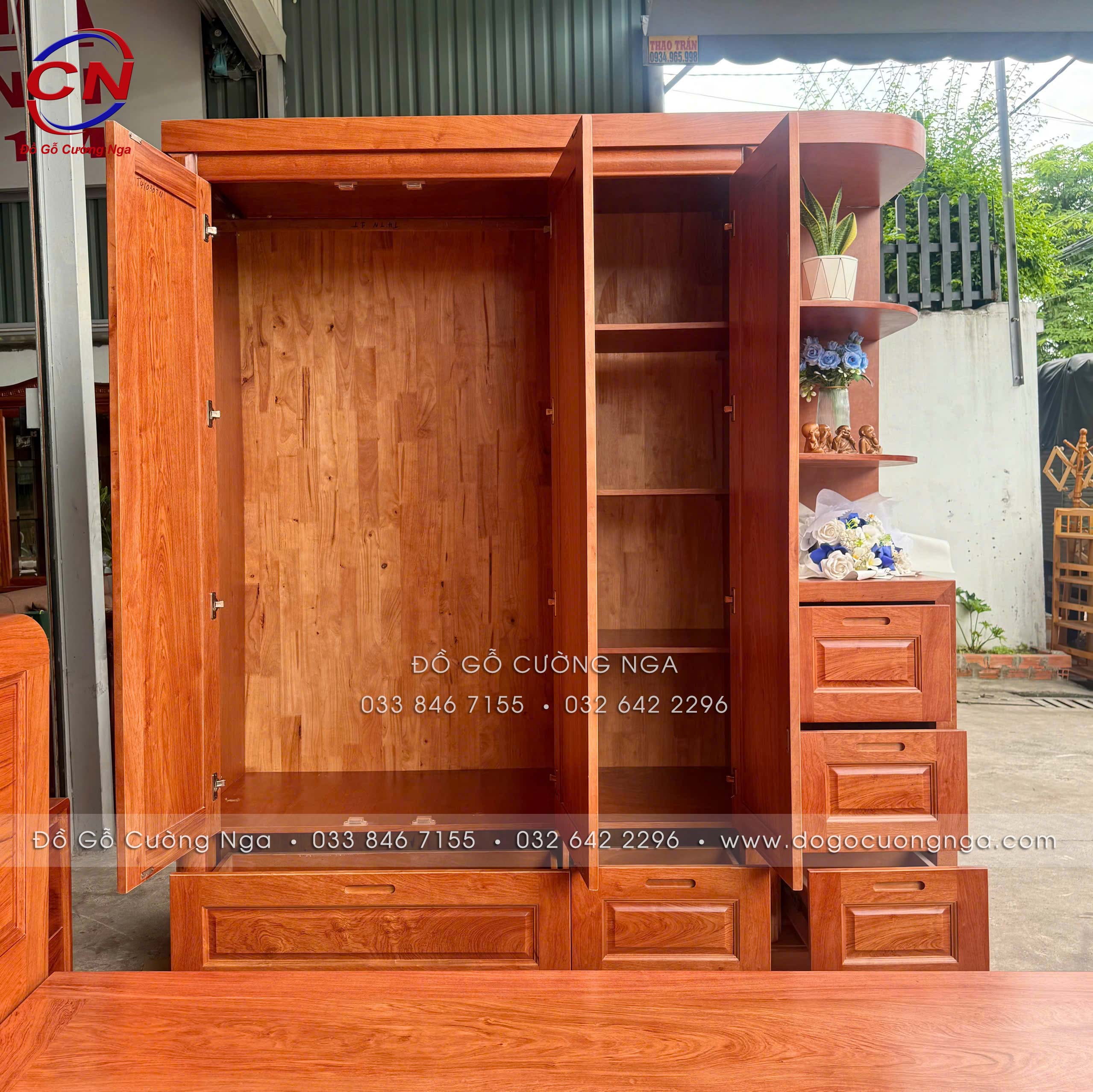 tủ quần áo gỗ hương đá 3 cánh góc phải