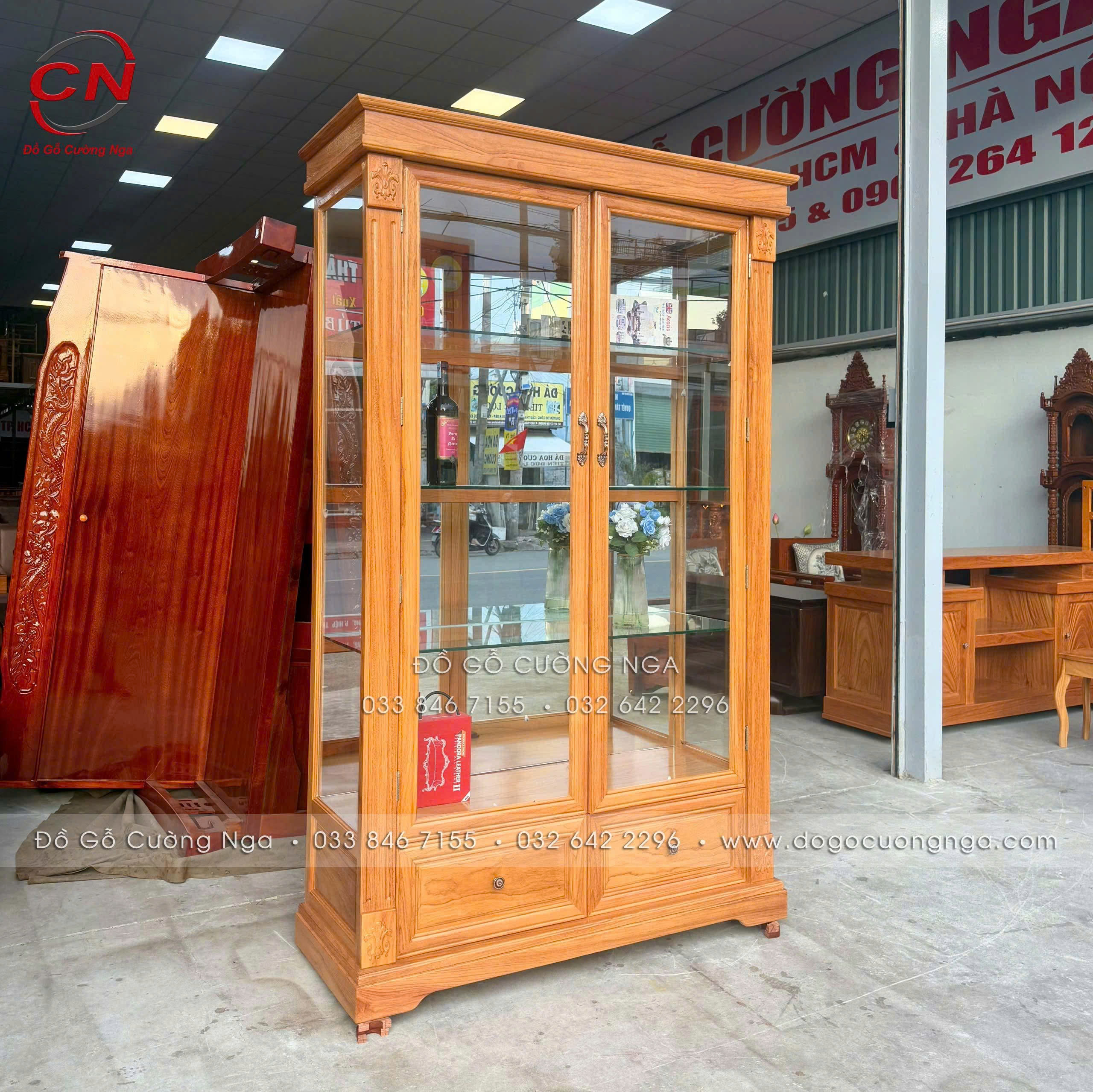 tủ rượu gỗ gõ đỏ 2 cánh mở - dài 1m2