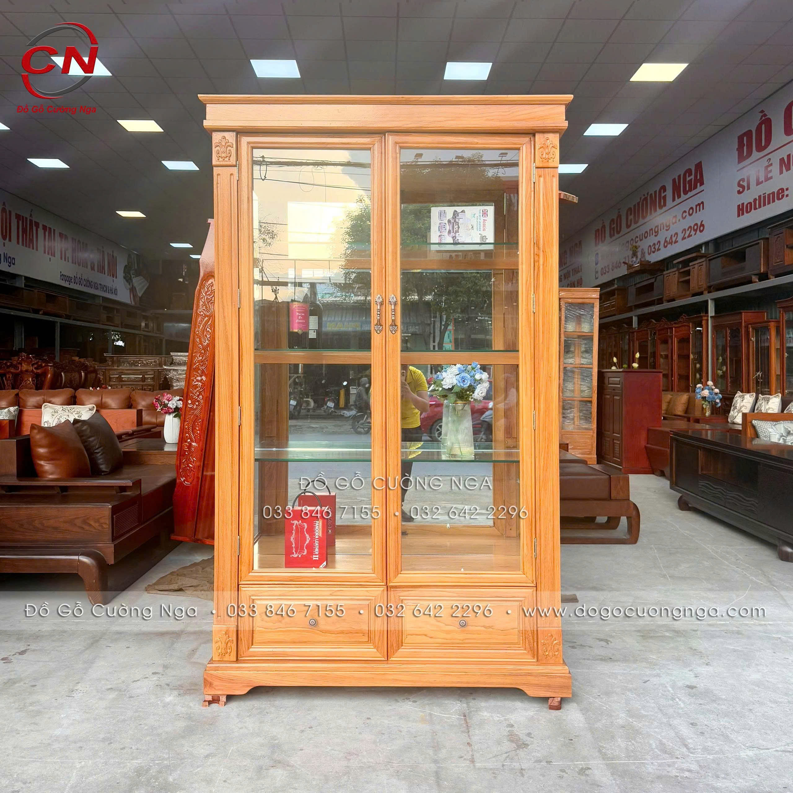 tủ rượu gỗ gõ đỏ 2 cánh mở - dài 1m2