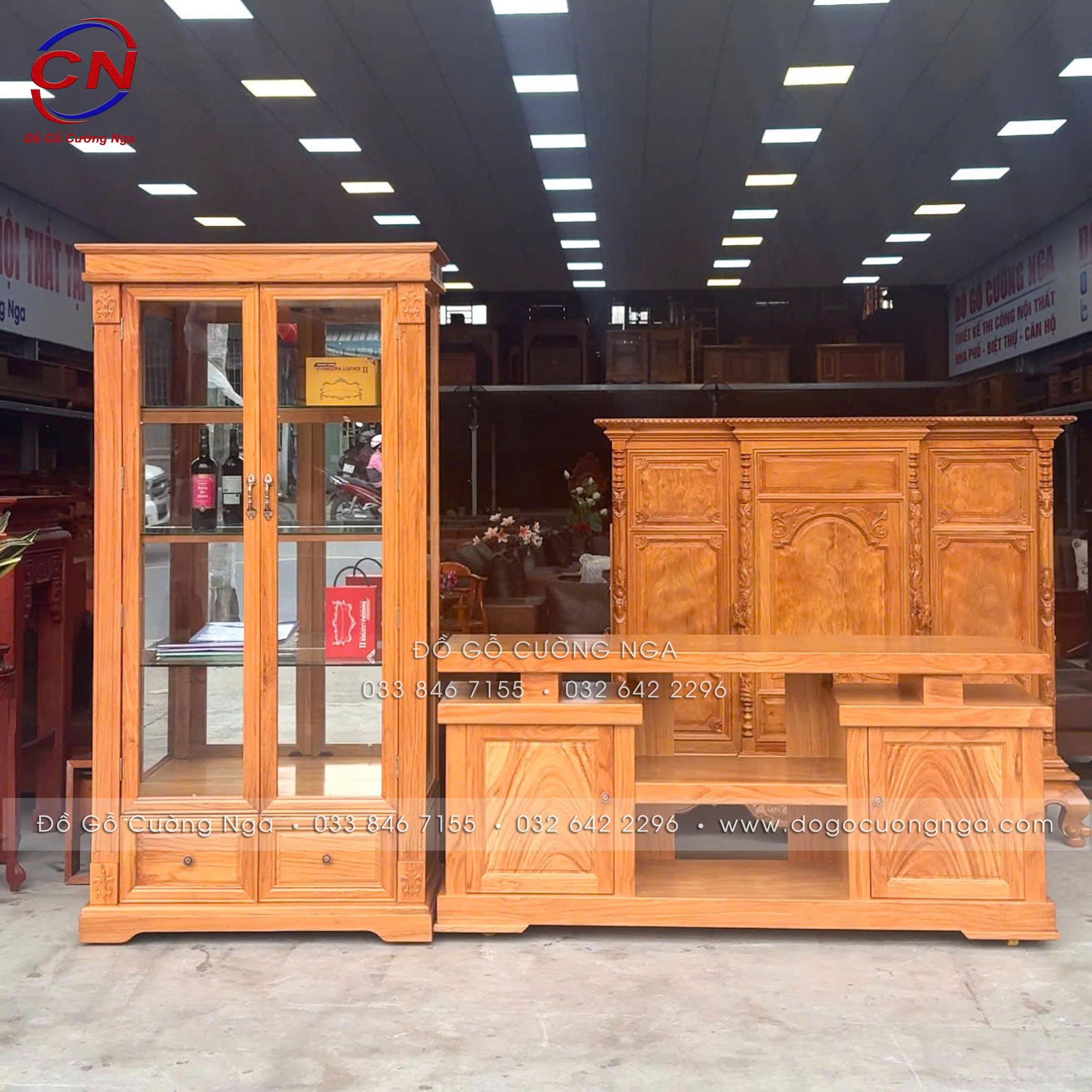 tủ rượu gỗ gõ đỏ 2 cánh mở - dài 1m2