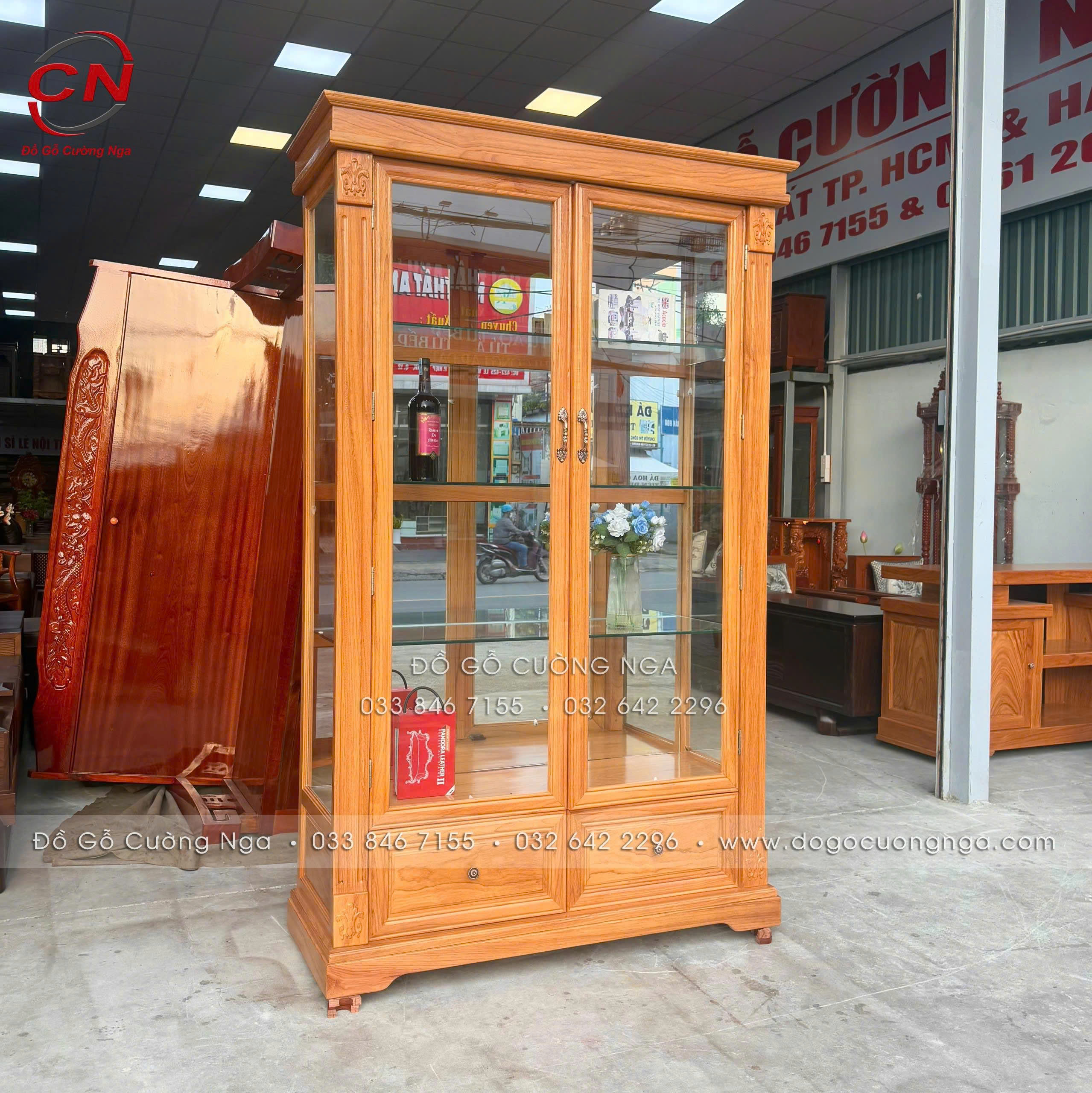tủ rượu gỗ gõ đỏ 2 cánh mở - dài 1m2